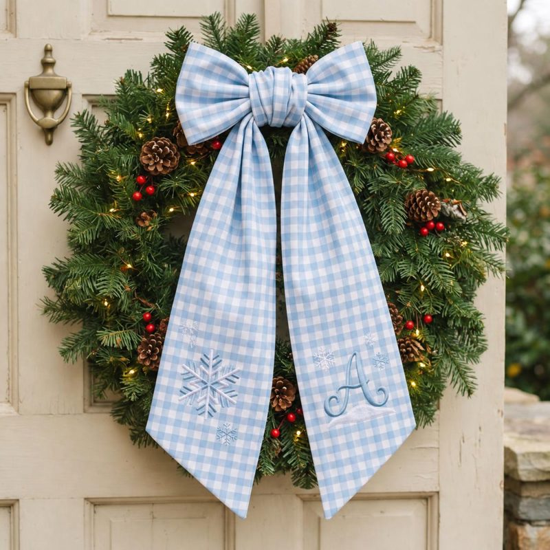 Embroidered Personalized Christmas Wreath Sash, Custom Snowflake Monogram Wreath Bow, Winter Front Door Decor