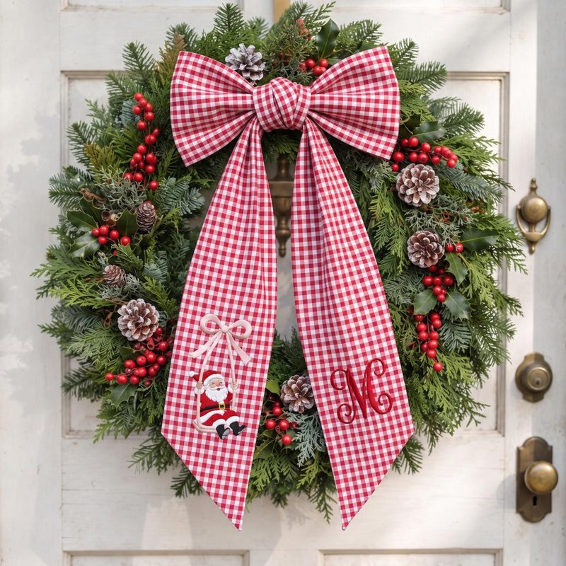 Embroidered Personalized Christmas Wreath Sash, Custom Santa Monogram Wreath Bow, Red Gingham Christmas Door Decor, Xmas Front Door