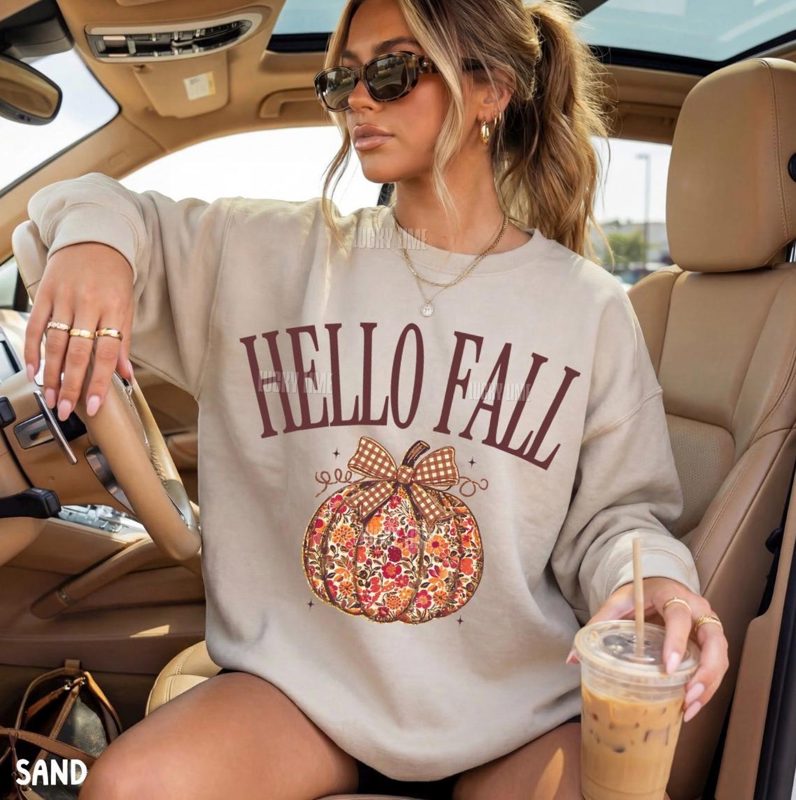 Hello Fall Sweatshirt, Floral Pumpkin Sweatshirt, Fall Crewneck, Plaid Bow Autumn Shirt, Thanksgiving Sweater, Trendy Fall Sweatshirts