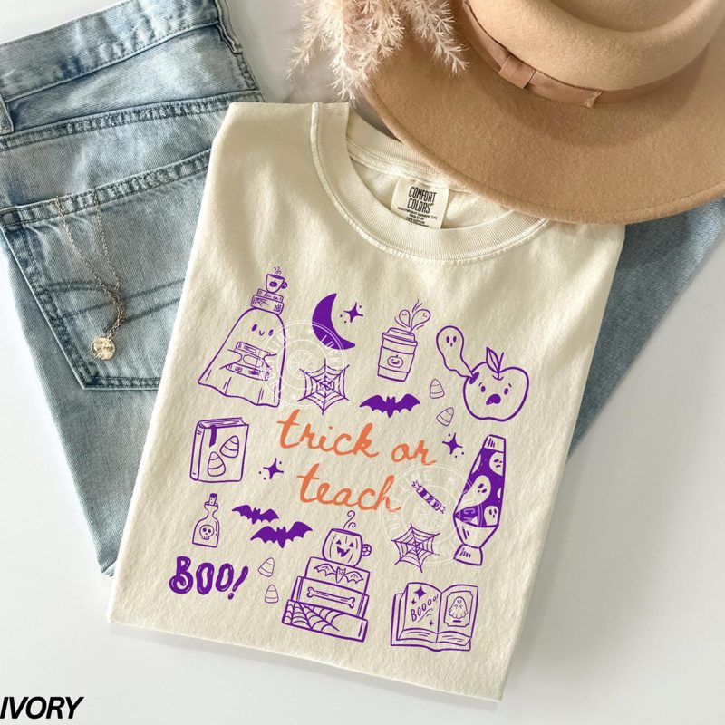 Comfort Colors® Teacher Halloween Shirt, Trick or Teach Shirt, Cute Halloween Teacher Shirt, Spooky Teacher Tshirt, Retro Ghost Teacher Tee