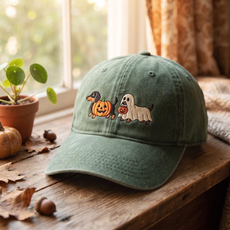 Embroidered Dachshund Halloween Washed Hat, Ghost Wiener Dog, Halloween Dog Hats, Dachshund Mom Gift