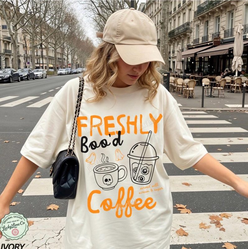 Halloween Coffee Shirt, Freshly Boo’d Coffee TShirt, Spooky Season, Cute Ghost Shirt, Skeleton Halloween Coffee Lover Gift, Pumpkin Spice