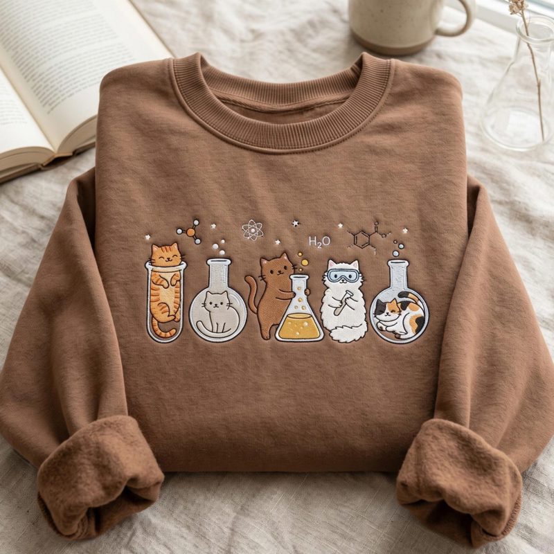 Embroidered Chemistry Cats Sweatshirt, Science Teacher Shirt, Laboratory Crewneck, STEM Student Gift