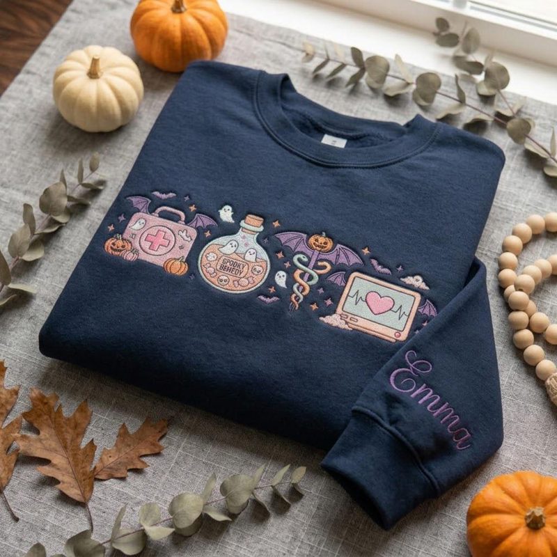Spooky Nurse Halloween Sweatshirt, Personalized Medical Embroidery, Ghost Remedy Design, Custom Sleeve Name, Healthcare Worker Gift