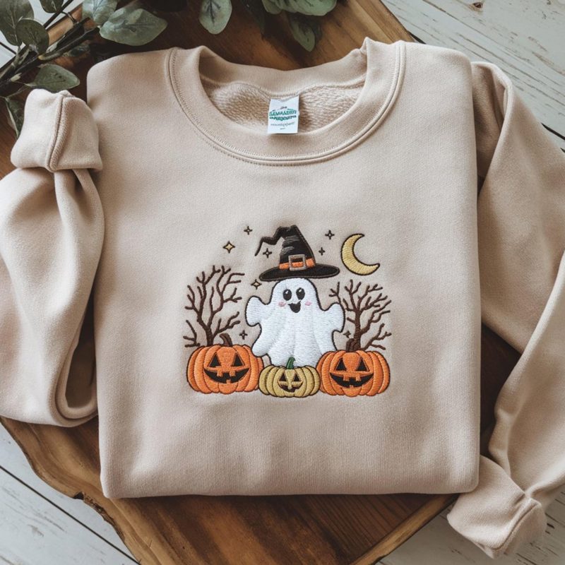 Embroidered Ghost & Pumpkin Sweatshirt: Spooky Fall Season