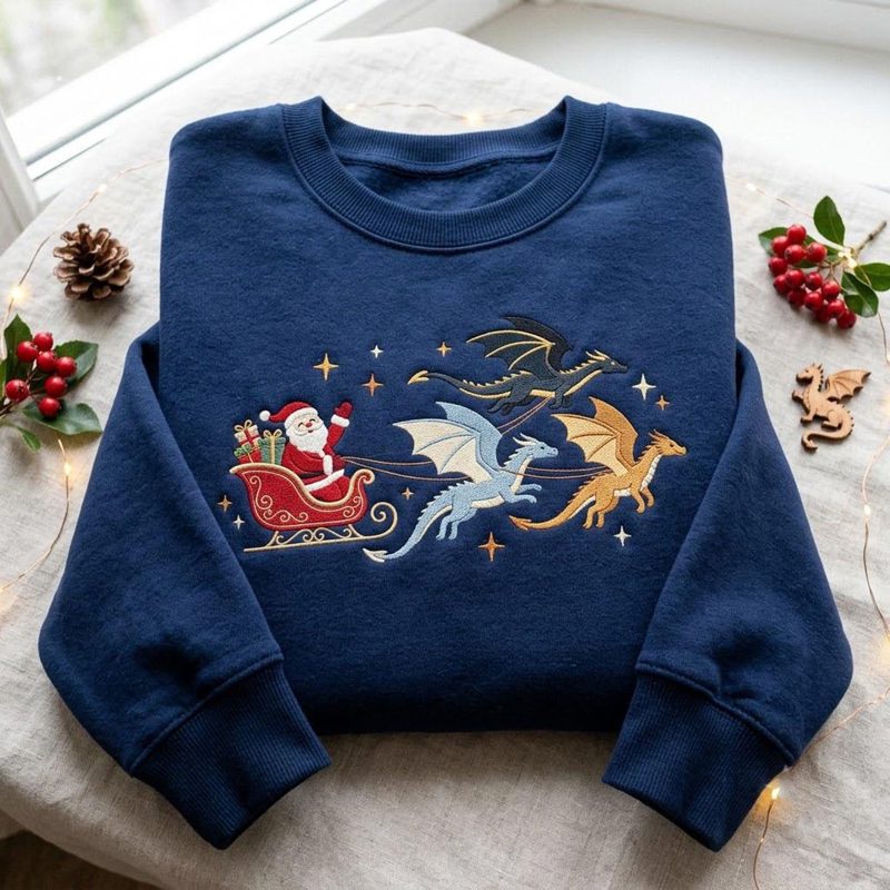 Christmas Dragon Embroidered Sweatshirt, Santa Sleigh Fantasy Crewneck, Magical Dragon Christmas Shirt, Holiday Fantasy Gift
