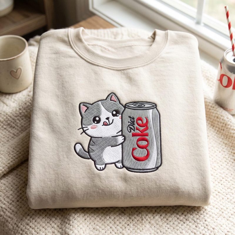 Embroidered Cat Diet Coke Sweatshirt, Soda Lovers Shirt, Diet Coca Merch Gifts