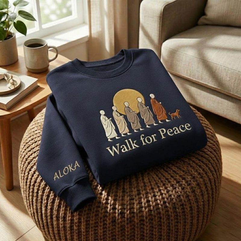 Embroidered Walk for Peace Monk Sweatshirt, Peace Walking Monks with Aloka Dog Sweatshirt, Buddhist Monks Compassion Shirt