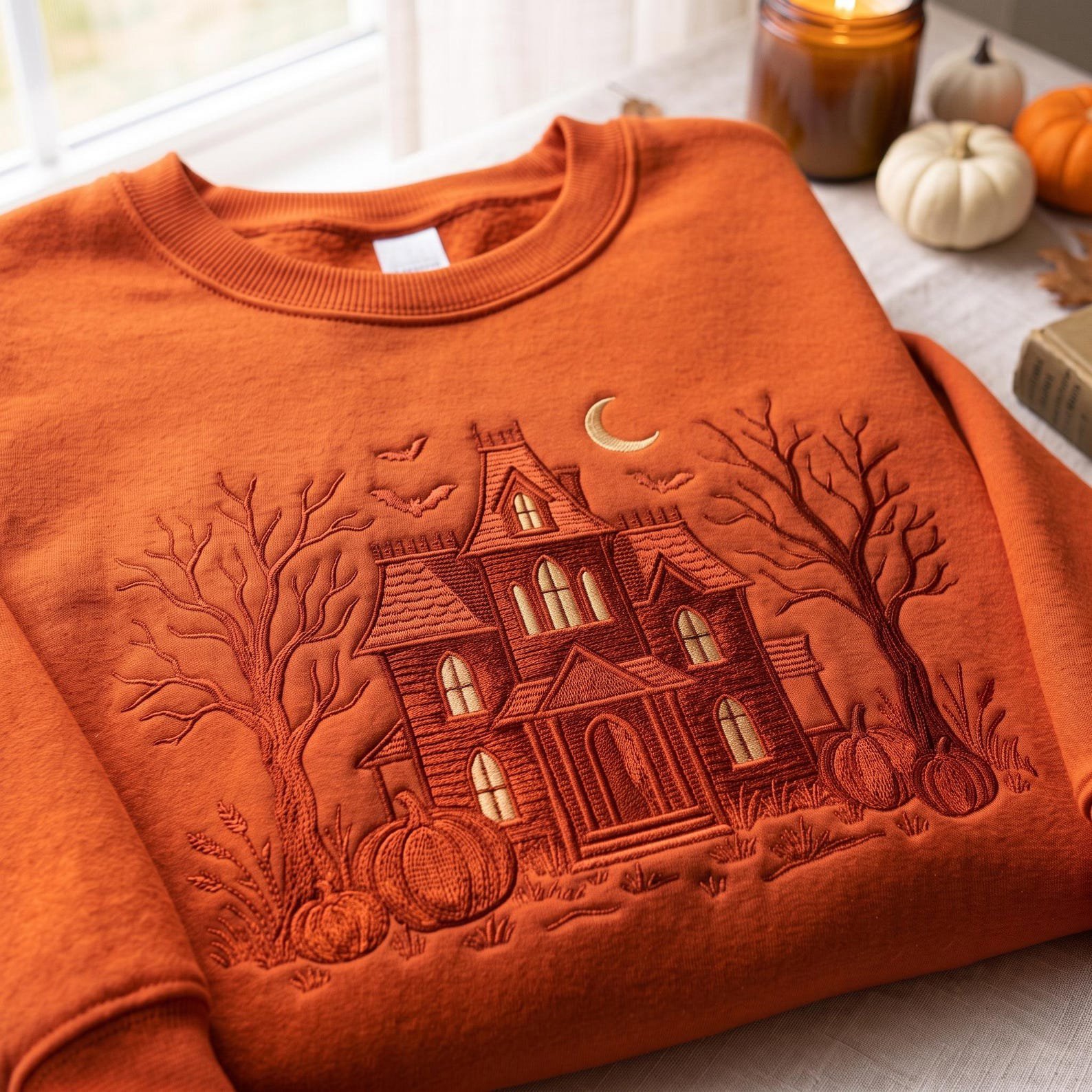 Embroidered Haunted House Halloween Sweatshirt, Spooky Mansion Shirt, Spooky Season Gift, Monogram Haunted House Shirt 2