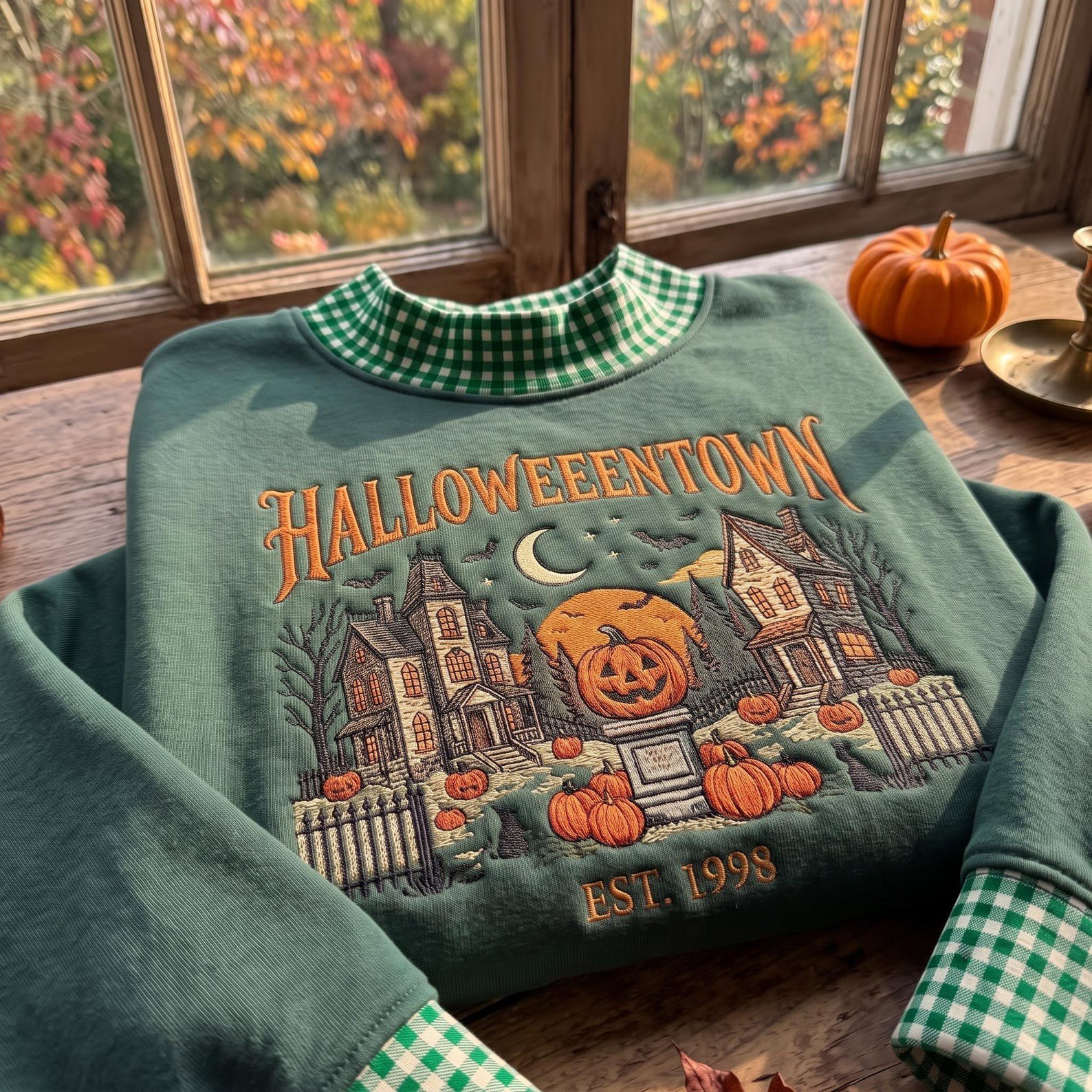HalloweenTown Embroidered Gingham Mock neck Sweatshirt, Spooky Village Shirt, Haunted House Pumpkin Shirt, Retro Fall Halloween Gift 3