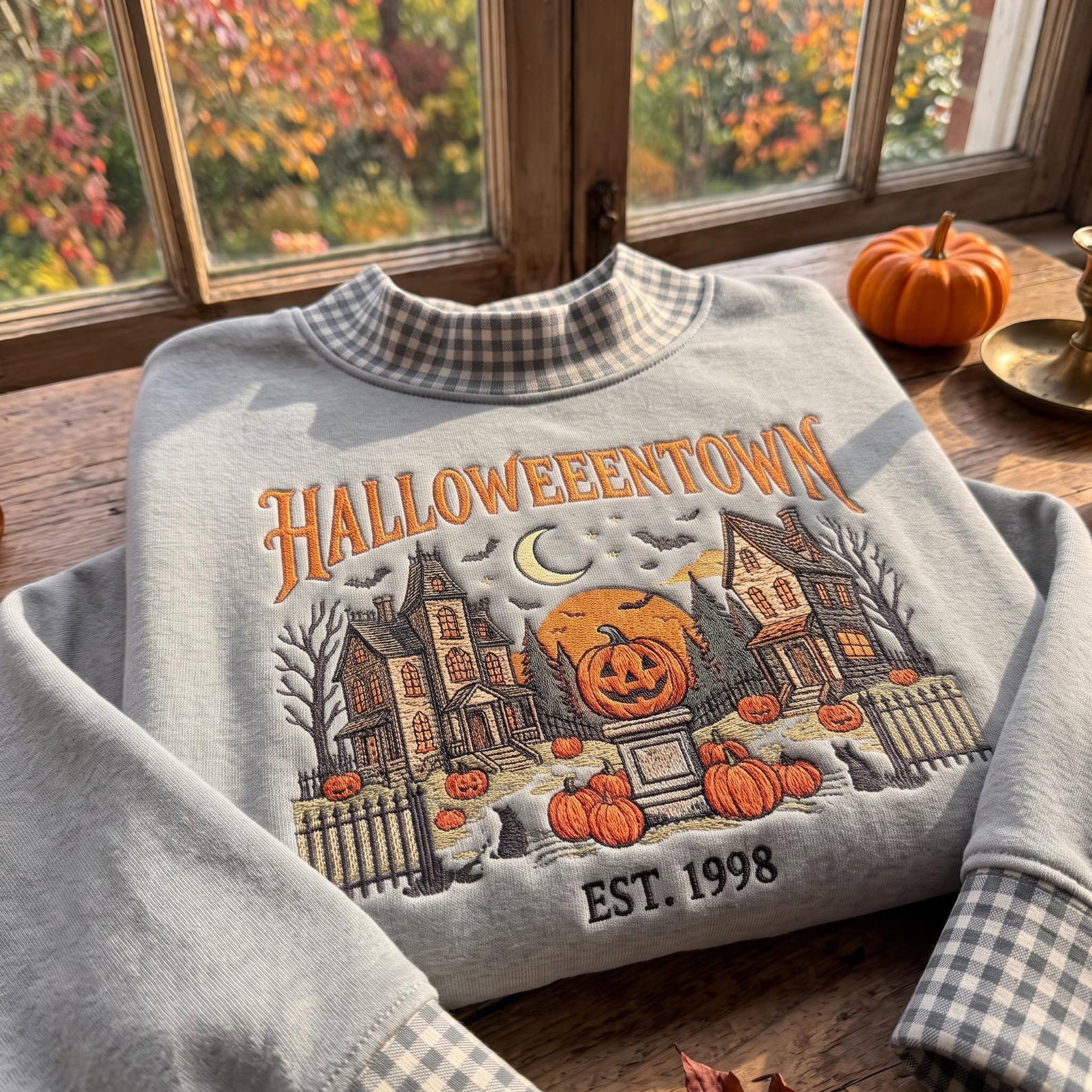 HalloweenTown Embroidered Gingham Mock neck Sweatshirt, Spooky Village Shirt, Haunted House Pumpkin Shirt, Retro Fall Halloween Gift 1