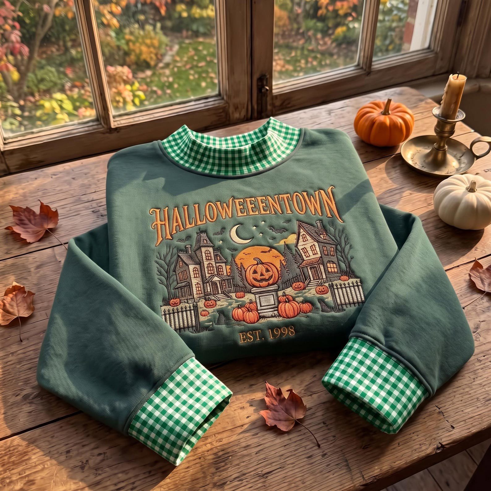 HalloweenTown Embroidered Gingham Mock neck Sweatshirt, Spooky Village Shirt, Haunted House Pumpkin Shirt, Retro Fall Halloween Gift 6