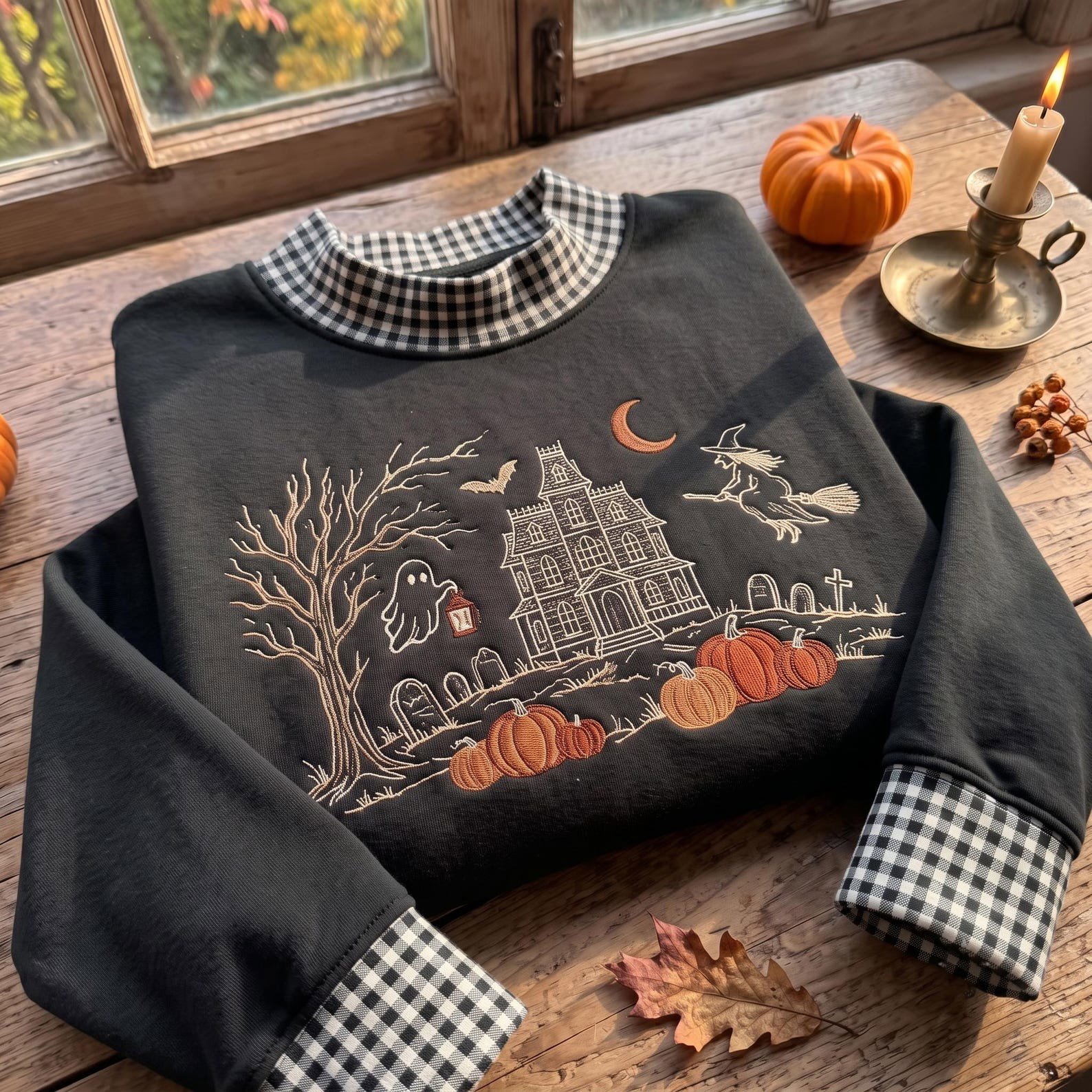 Haunted House Embroidered Gingham Mock Neck Sweatshirt, Ghost Witch Pumpkin Crewneck, Spooky Halloween Village Fall Pullover 3