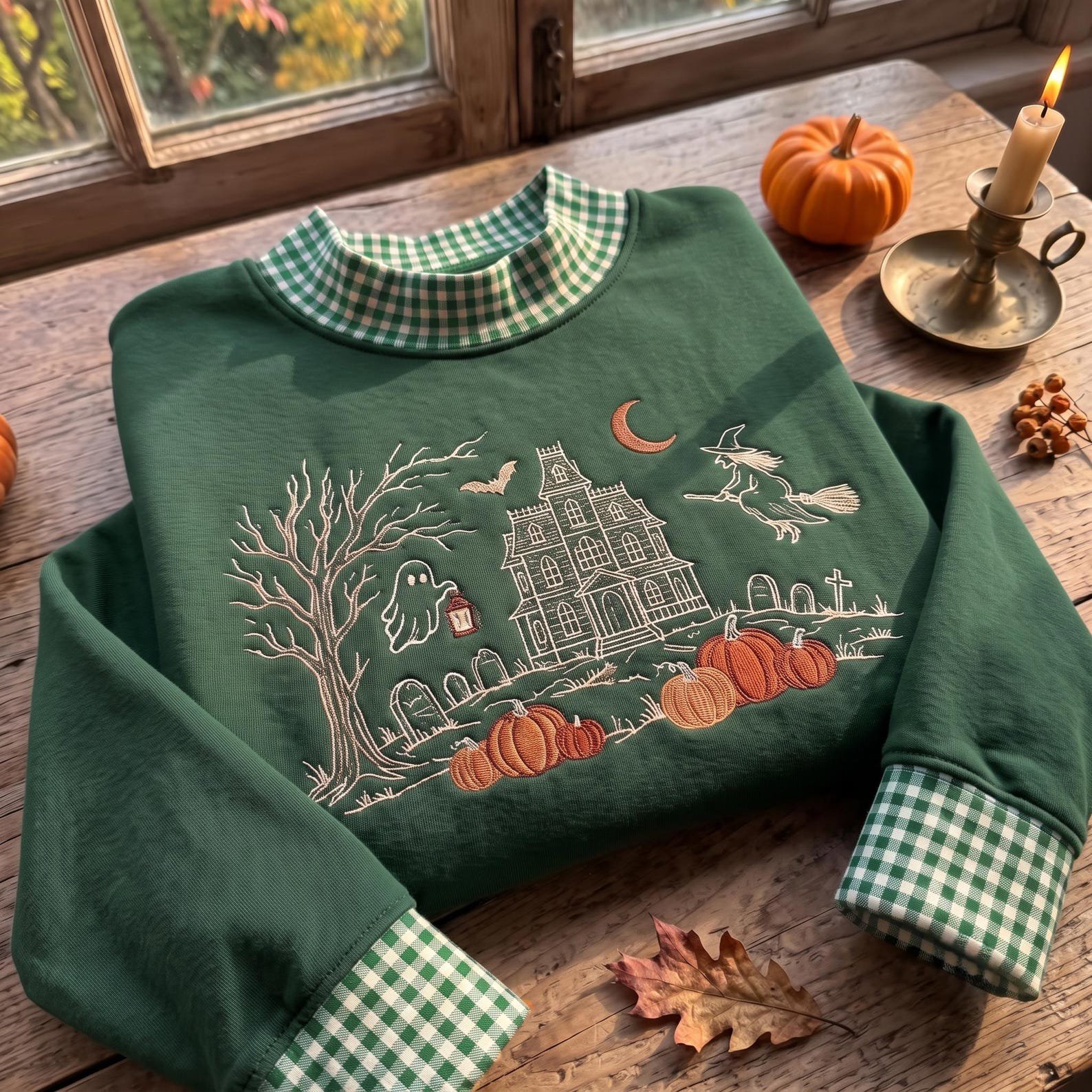 Haunted House Embroidered Gingham Mock Neck Sweatshirt, Ghost Witch Pumpkin Crewneck, Spooky Halloween Village Fall Pullover 1