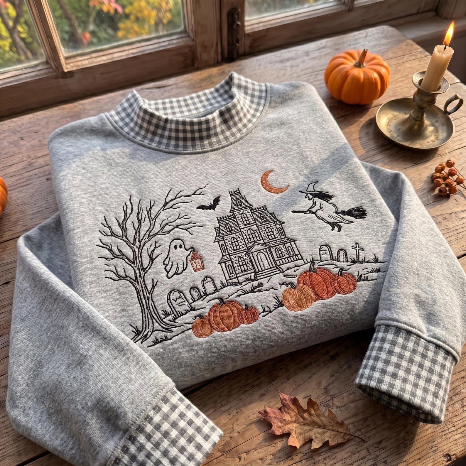 Haunted House Embroidered Gingham Mock Neck Sweatshirt, Ghost Witch Pumpkin Crewneck, Spooky Halloween Village Fall Pullover 4
