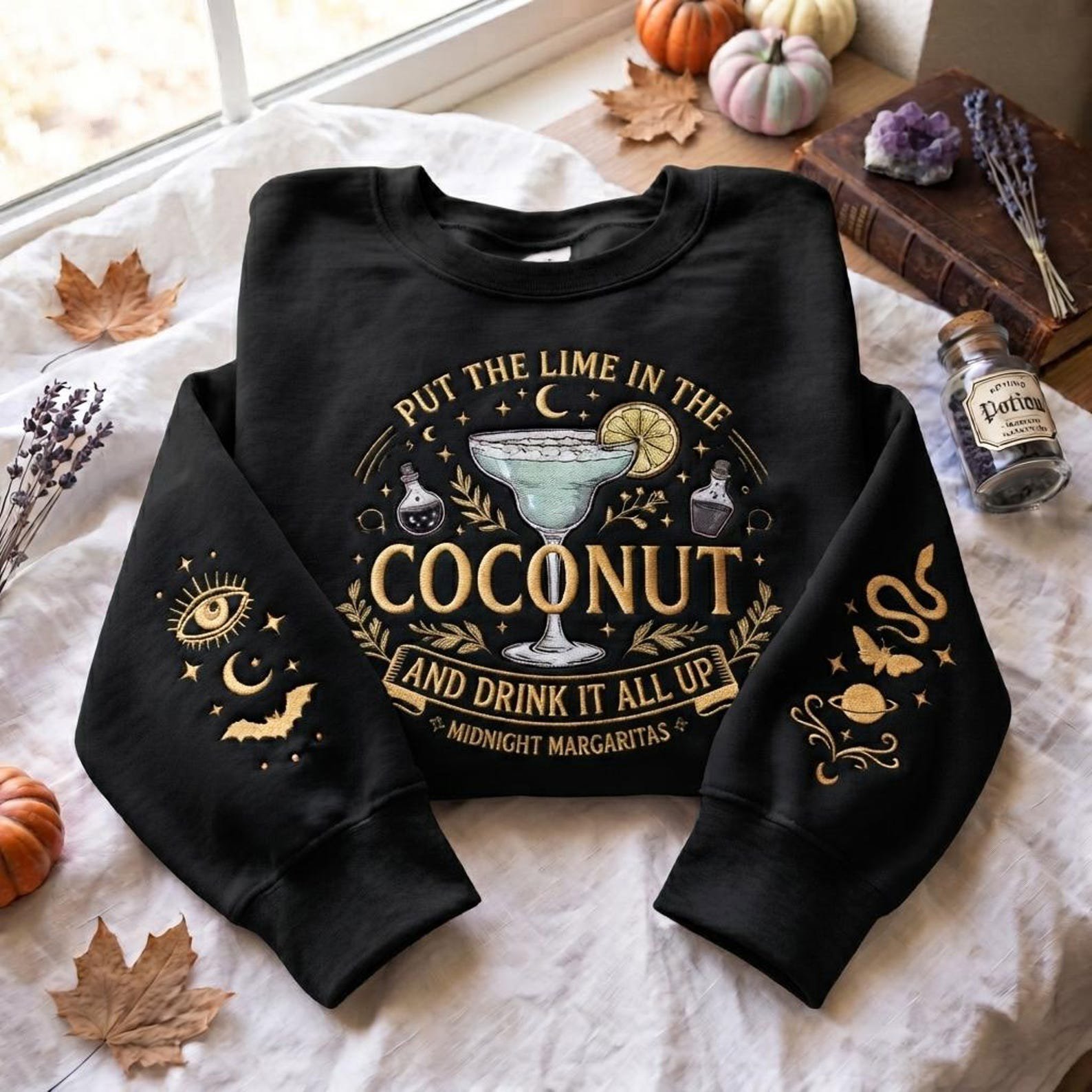 Embroidered Midnight Margaritas Sweatshirt, Spooky Season Witchy Movie Shirt, Put The Lime In The Coconut Retro Halloween Shirt 1