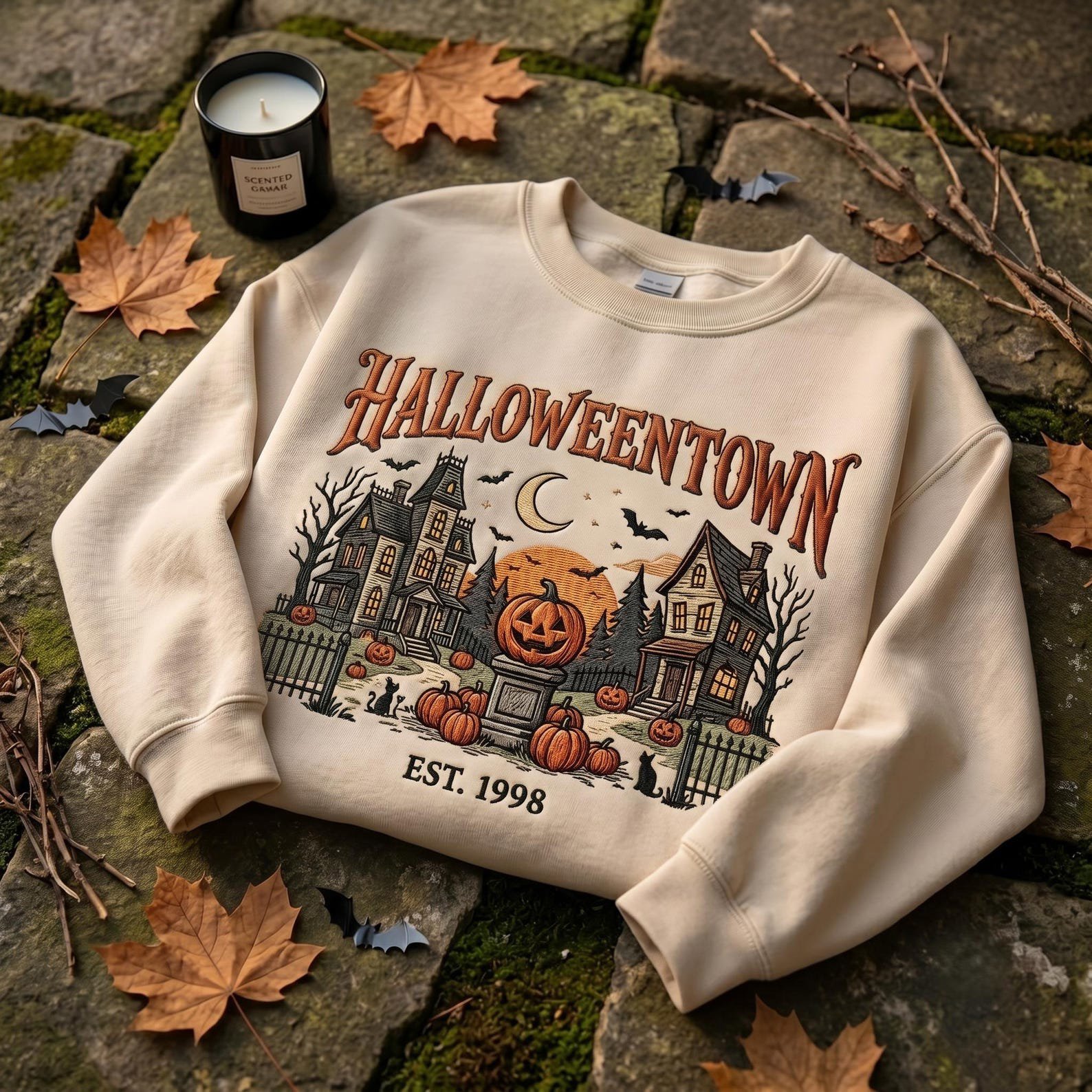 HalloweenTown Sweatshirt, Embroidered Spooky Village Shirt, Retro Fall Halloween Gift For Her, Vintage Spooky Shirt, Haunted House Pumpkin 1