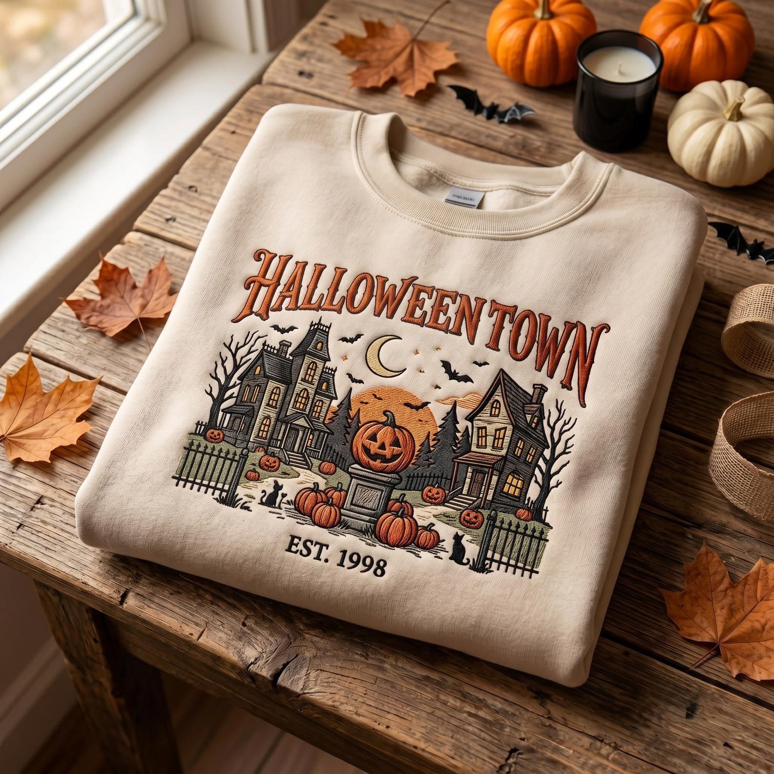 HalloweenTown Sweatshirt, Embroidered Spooky Village Shirt, Retro Fall Halloween Gift For Her, Vintage Spooky Shirt, Haunted House Pumpkin 2
