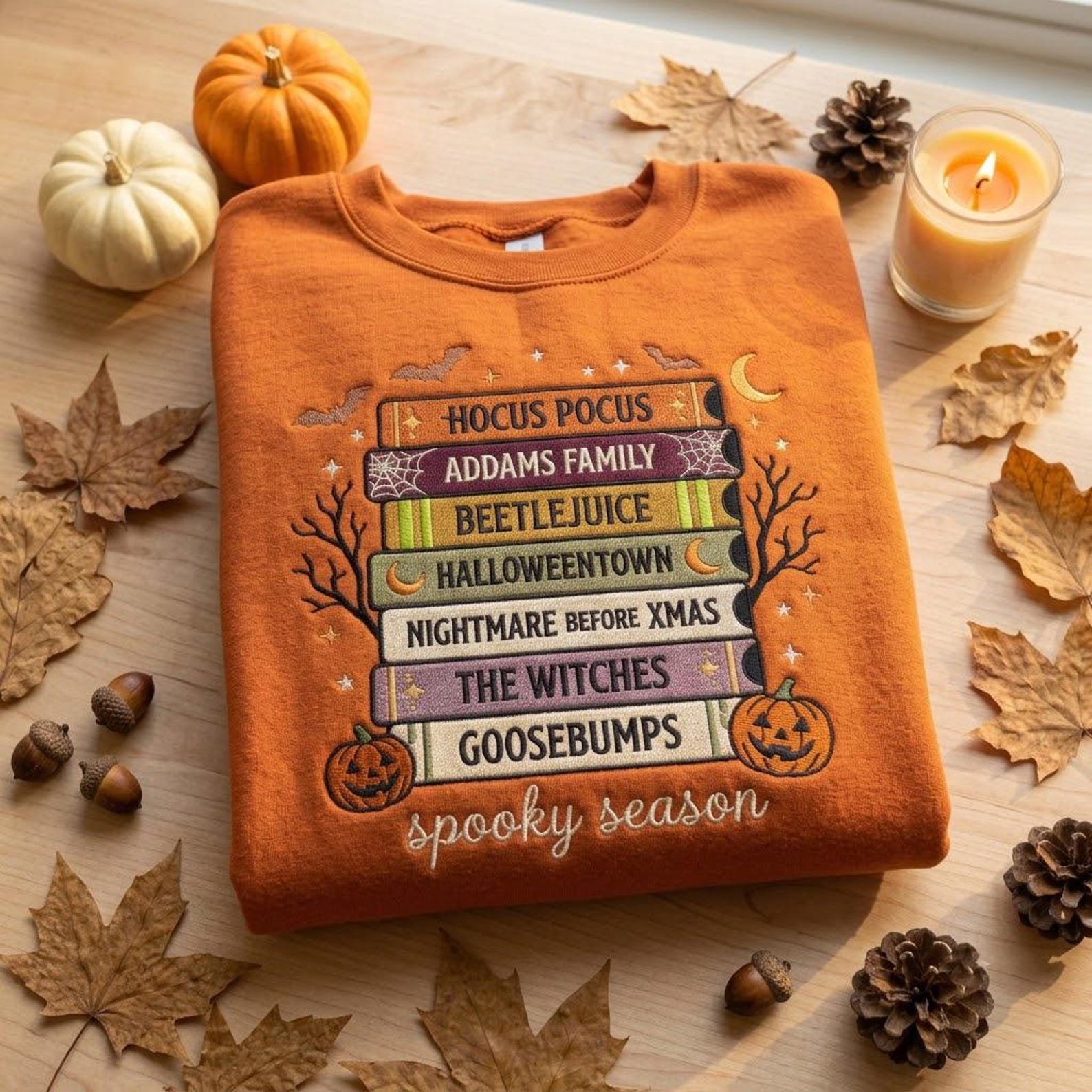 Embroidered Spooky Season Sweatshirt, Halloween Book Stack Crewneck, Horror Movie Book Lover Pullover, Cozy Autumn Reader Gift Idea 1