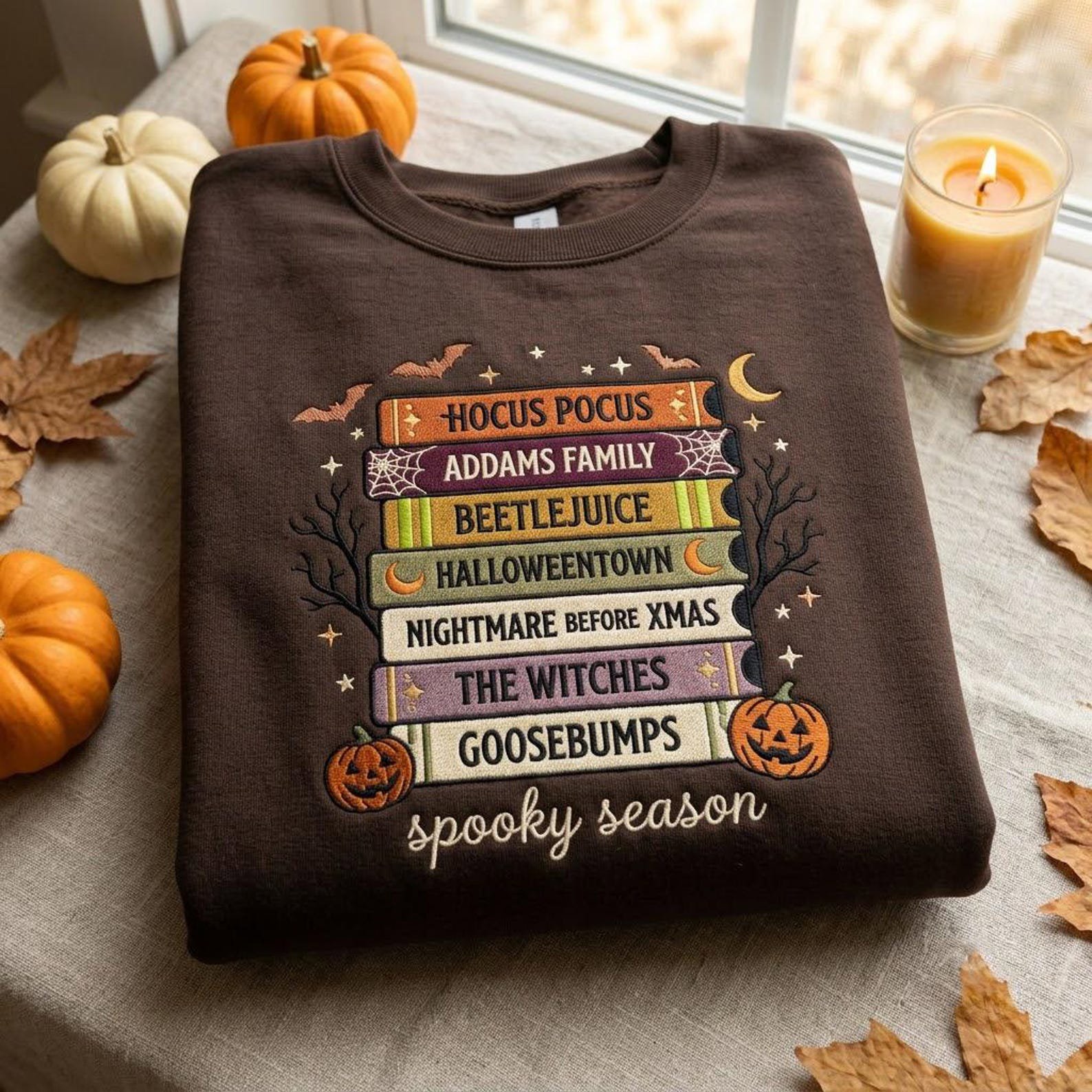 Embroidered Spooky Season Sweatshirt, Halloween Book Stack Crewneck, Horror Movie Book Lover Pullover, Cozy Autumn Reader Gift Idea 2