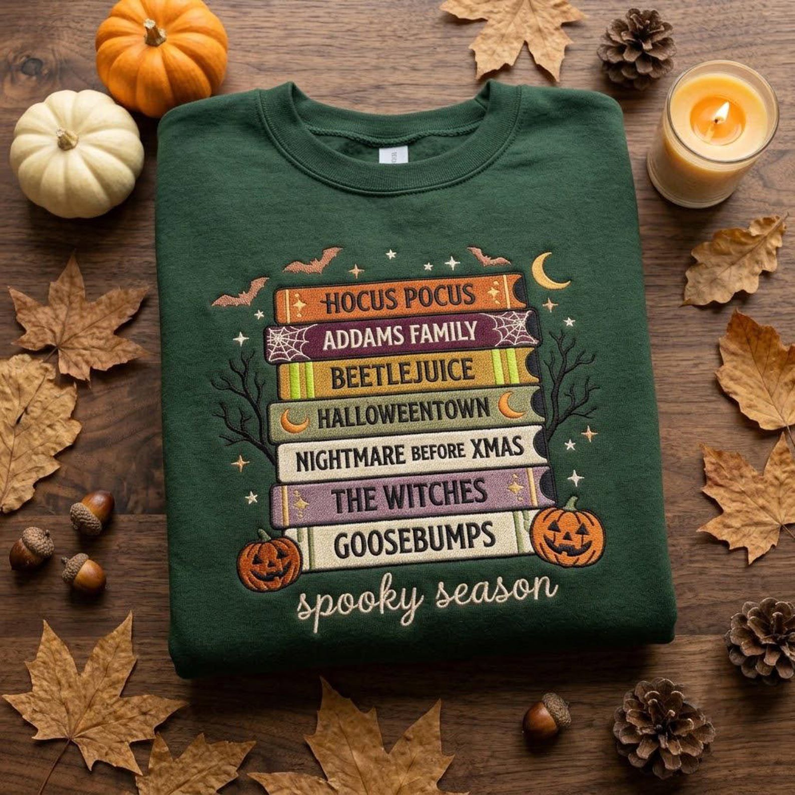 Embroidered Spooky Season Sweatshirt, Halloween Book Stack Crewneck, Horror Movie Book Lover Pullover, Cozy Autumn Reader Gift Idea 4