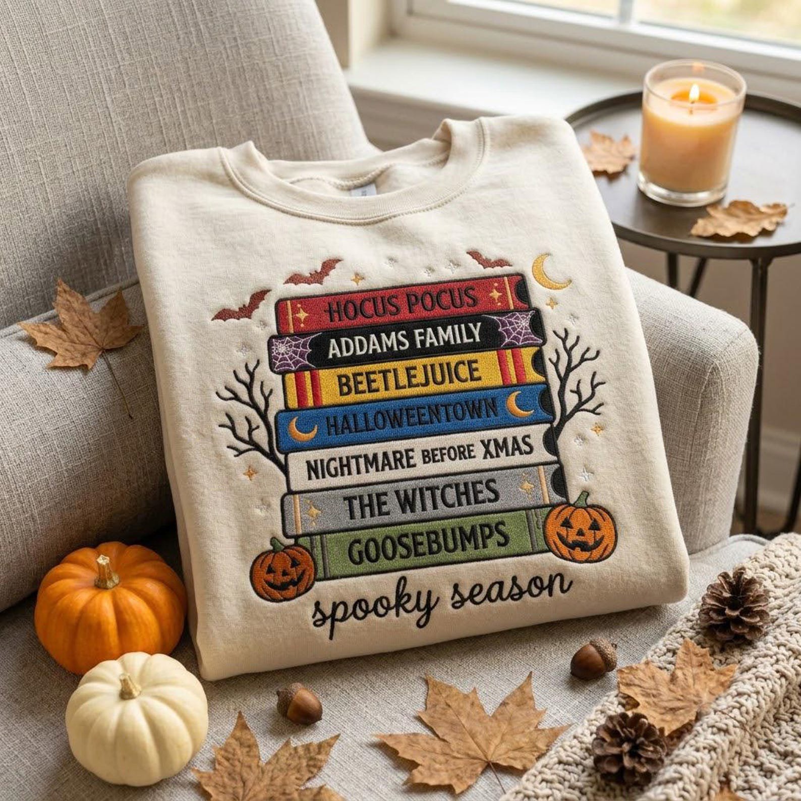 Embroidered Spooky Season Sweatshirt, Halloween Book Stack Crewneck, Horror Movie Book Lover Pullover, Cozy Autumn Reader Gift Idea 5