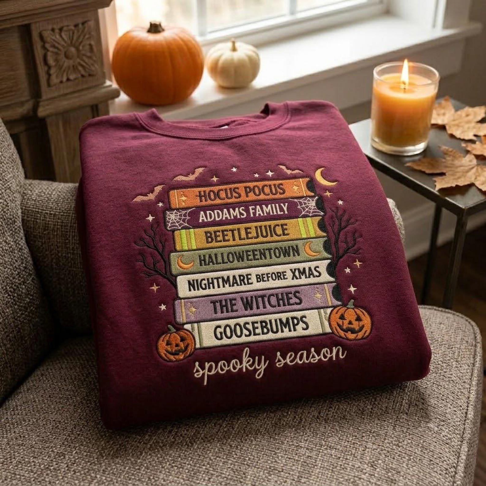 Embroidered Spooky Season Sweatshirt, Halloween Book Stack Crewneck, Horror Movie Book Lover Pullover, Cozy Autumn Reader Gift Idea 6