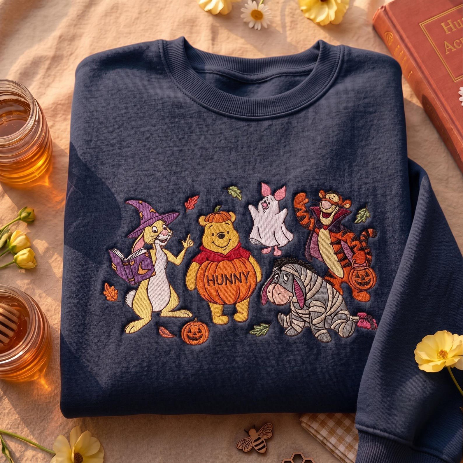 Embroidered Halloween Winnie The Pooh and Friends Sweatshirt, Cute Storybook Bear Pumpkin Shirt, Fall Autumn Shirt, Spooky Friends Gift 3