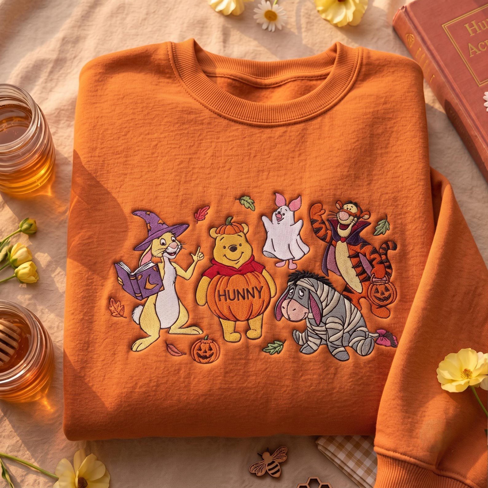 Embroidered Halloween Winnie The Pooh and Friends Sweatshirt, Cute Storybook Bear Pumpkin Shirt, Fall Autumn Shirt, Spooky Friends Gift 1