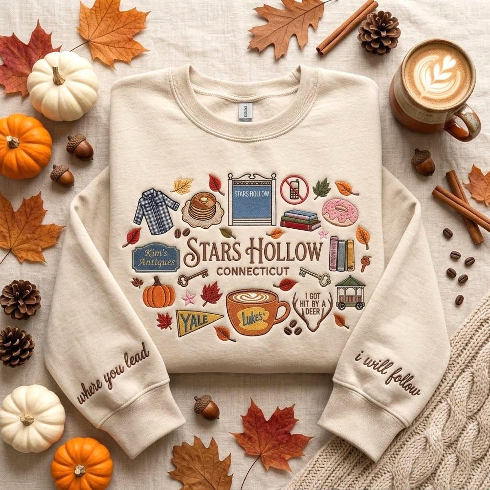 Connecticut Embroidered Sweatshirt, Bookish Pumpkin Shirt, Autumn Coffee Fall Crewneck, Small Town Inspired Gift 2