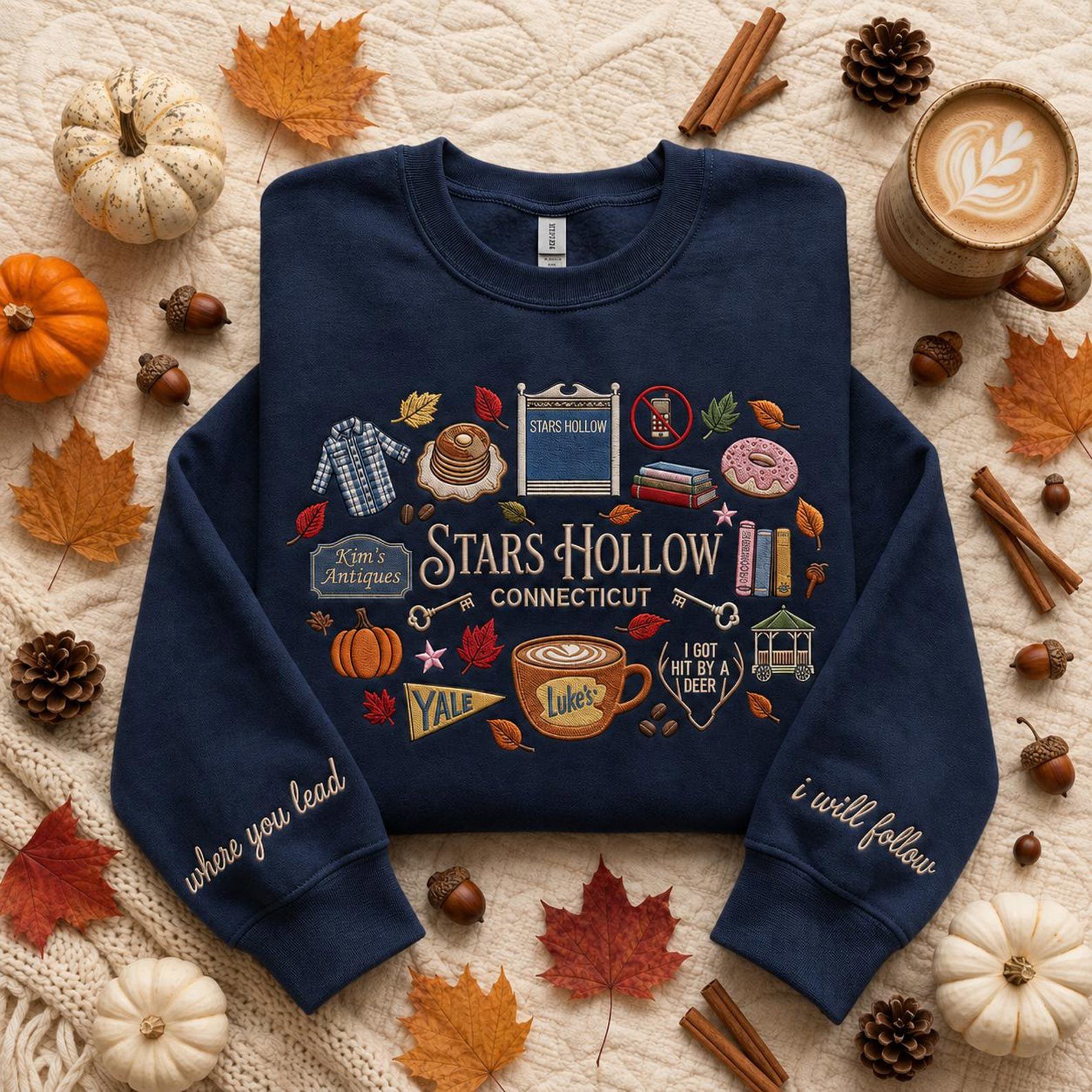 Connecticut Embroidered Sweatshirt, Bookish Pumpkin Shirt, Autumn Coffee Fall Crewneck, Small Town Inspired Gift 1