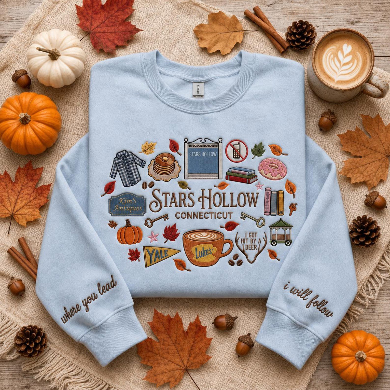 Connecticut Embroidered Sweatshirt, Bookish Pumpkin Shirt, Autumn Coffee Fall Crewneck, Small Town Inspired Gift 3