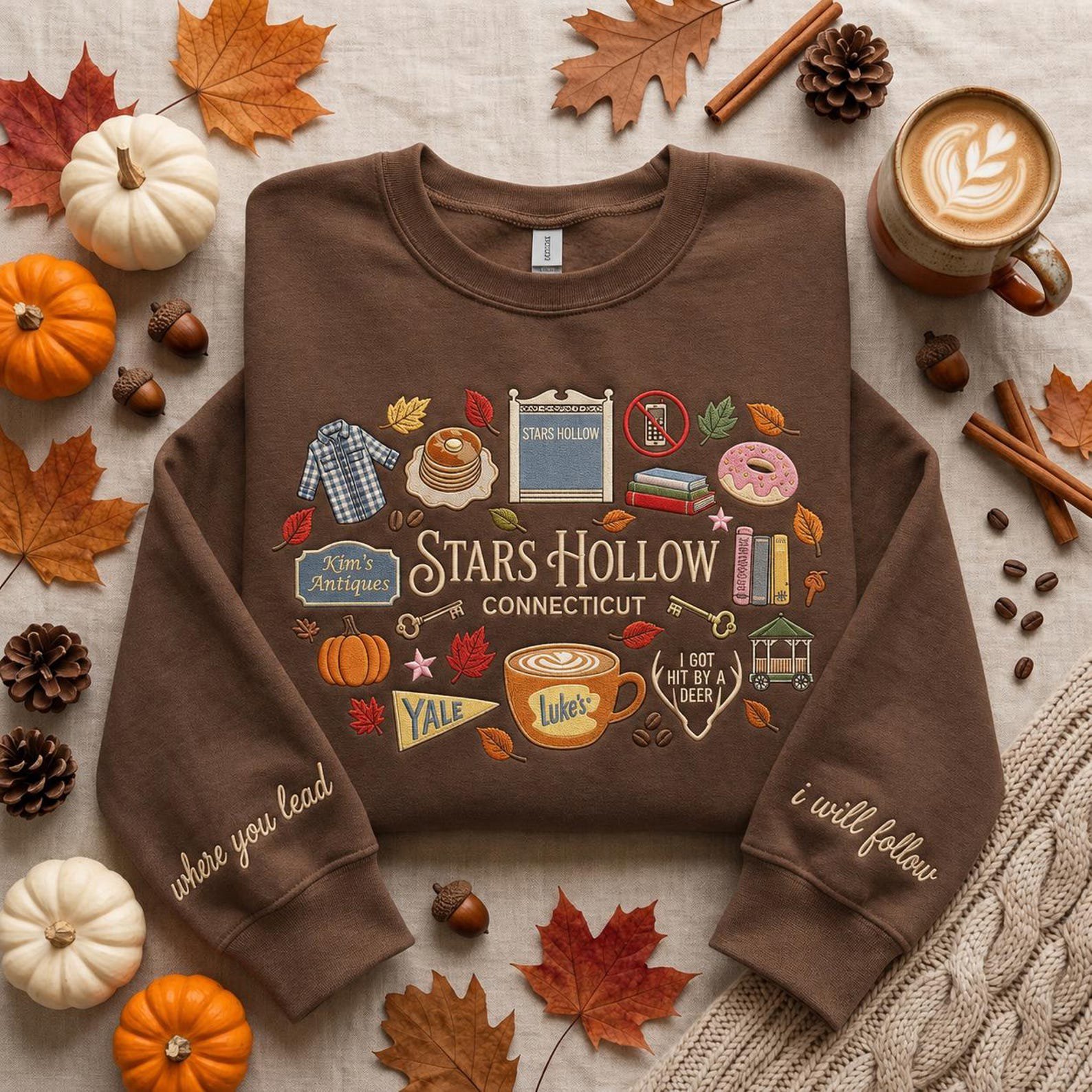 Connecticut Embroidered Sweatshirt, Bookish Pumpkin Shirt, Autumn Coffee Fall Crewneck, Small Town Inspired Gift 4