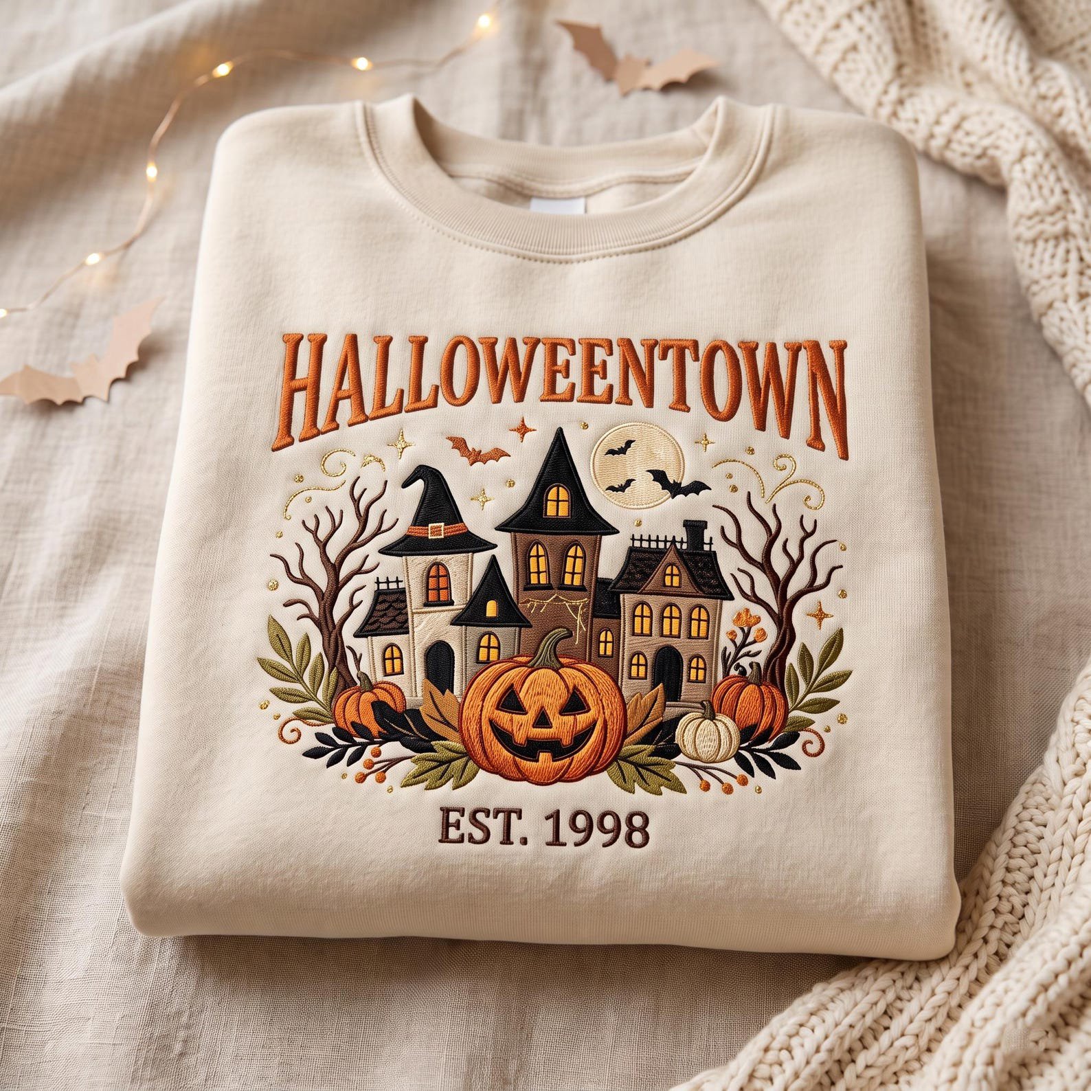 HalloweenTown Est. 1998 Embroidered Sweatshirt, Haunted House Pumpkin Shirt, Cozy Halloween Gift, Spooky Fall Crewneck 1