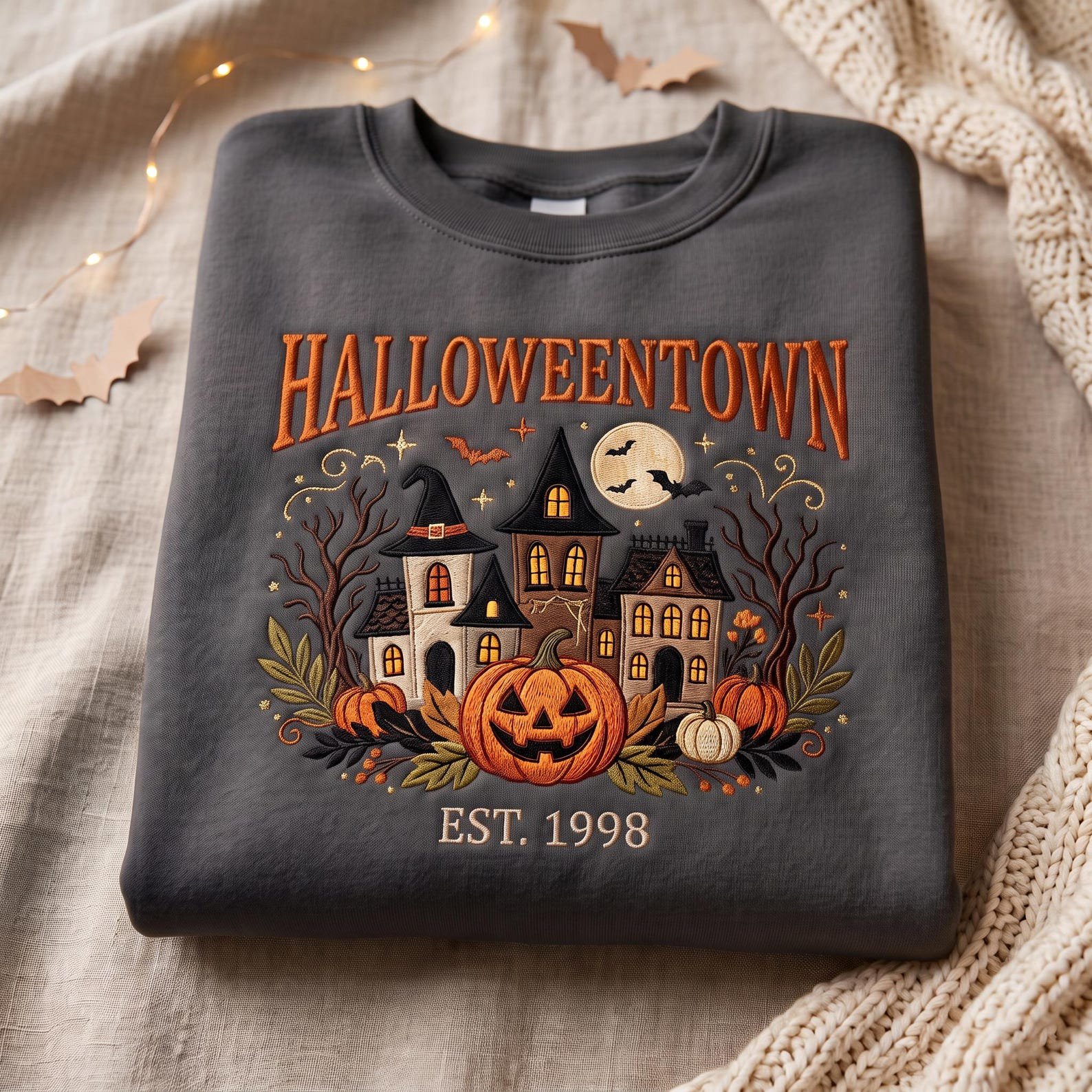 HalloweenTown Est. 1998 Embroidered Sweatshirt, Haunted House Pumpkin Shirt, Cozy Halloween Gift, Spooky Fall Crewneck 2