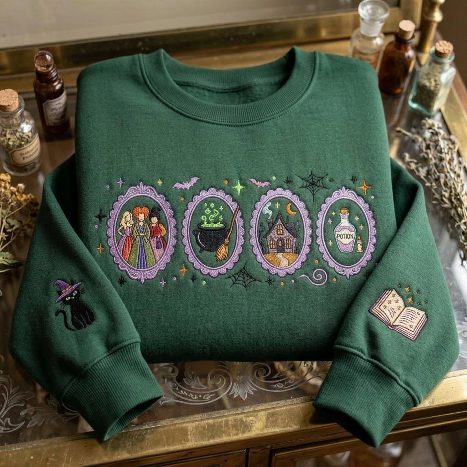Spooky Witch Sisters Embroidered Sweatshirt, Halloween Magic Portrait Crewneck, Haunted House Cauldron Shirt, Witch Lover Gift 1