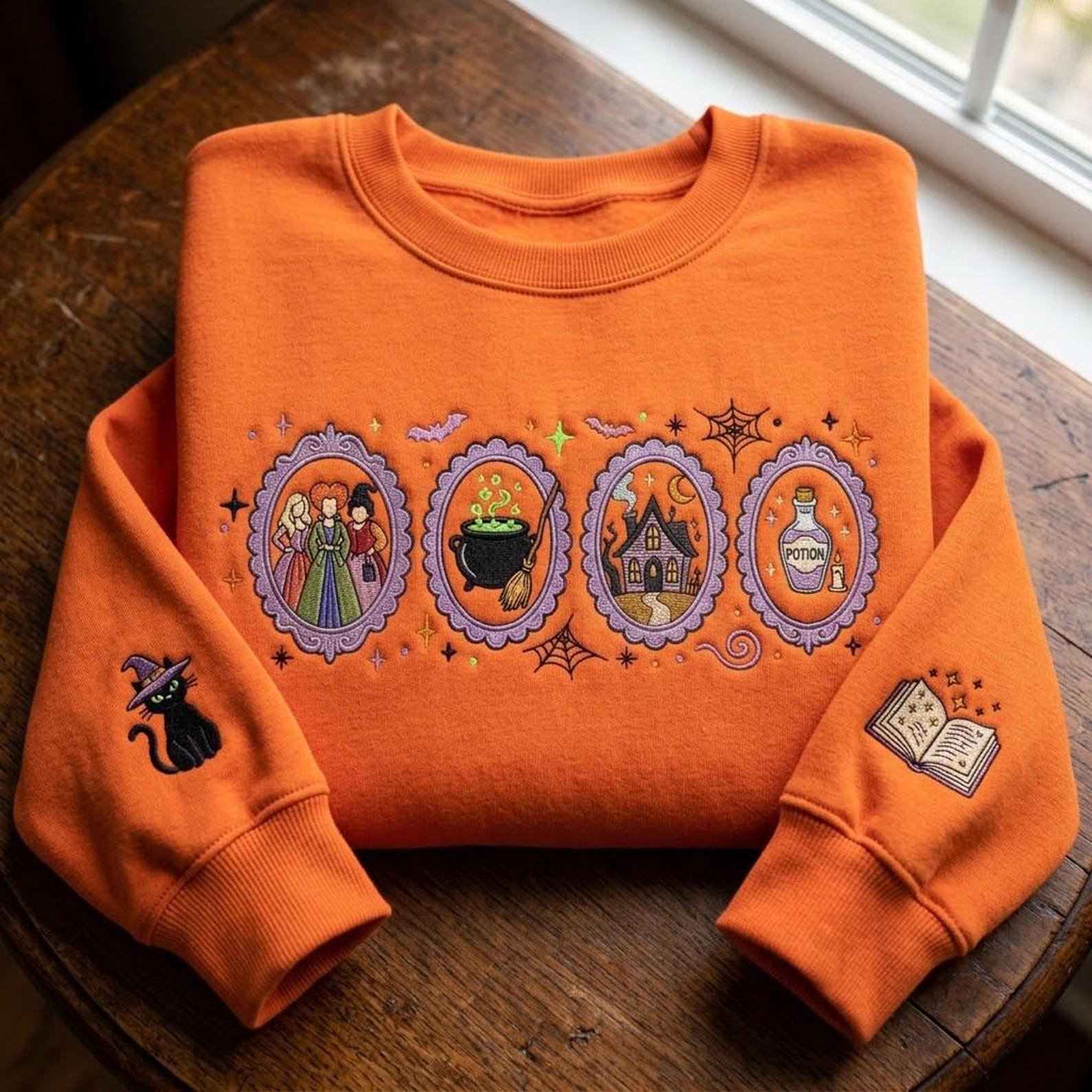 Spooky Witch Sisters Embroidered Sweatshirt, Halloween Magic Portrait Crewneck, Haunted House Cauldron Shirt, Witch Lover Gift 3