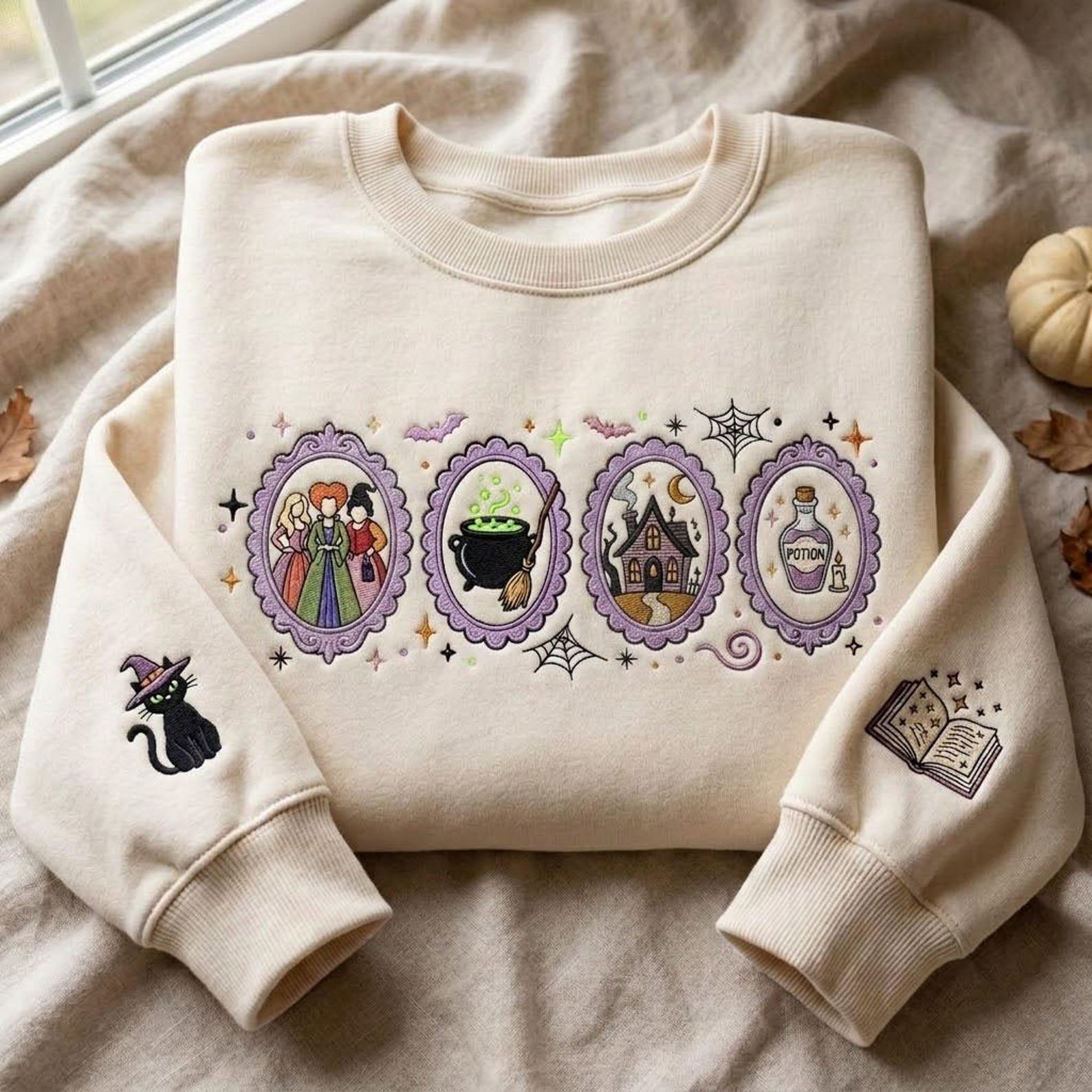 Spooky Witch Sisters Embroidered Sweatshirt, Halloween Magic Portrait Crewneck, Haunted House Cauldron Shirt, Witch Lover Gift 2