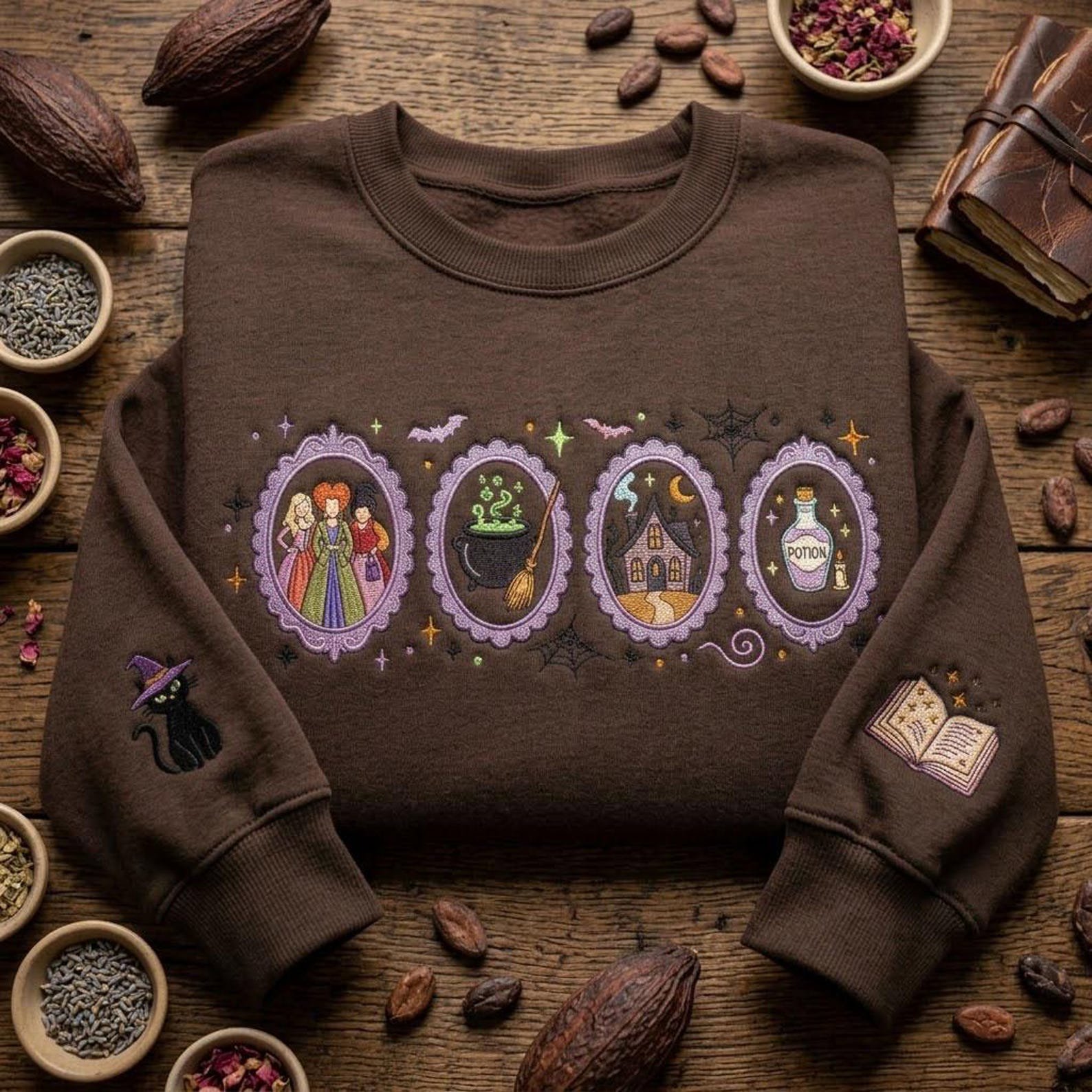 Spooky Witch Sisters Embroidered Sweatshirt, Halloween Magic Portrait Crewneck, Haunted House Cauldron Shirt, Witch Lover Gift 4