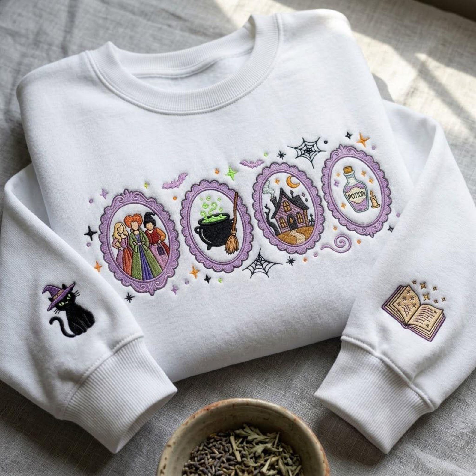Spooky Witch Sisters Embroidered Sweatshirt, Halloween Magic Portrait Crewneck, Haunted House Cauldron Shirt, Witch Lover Gift 5