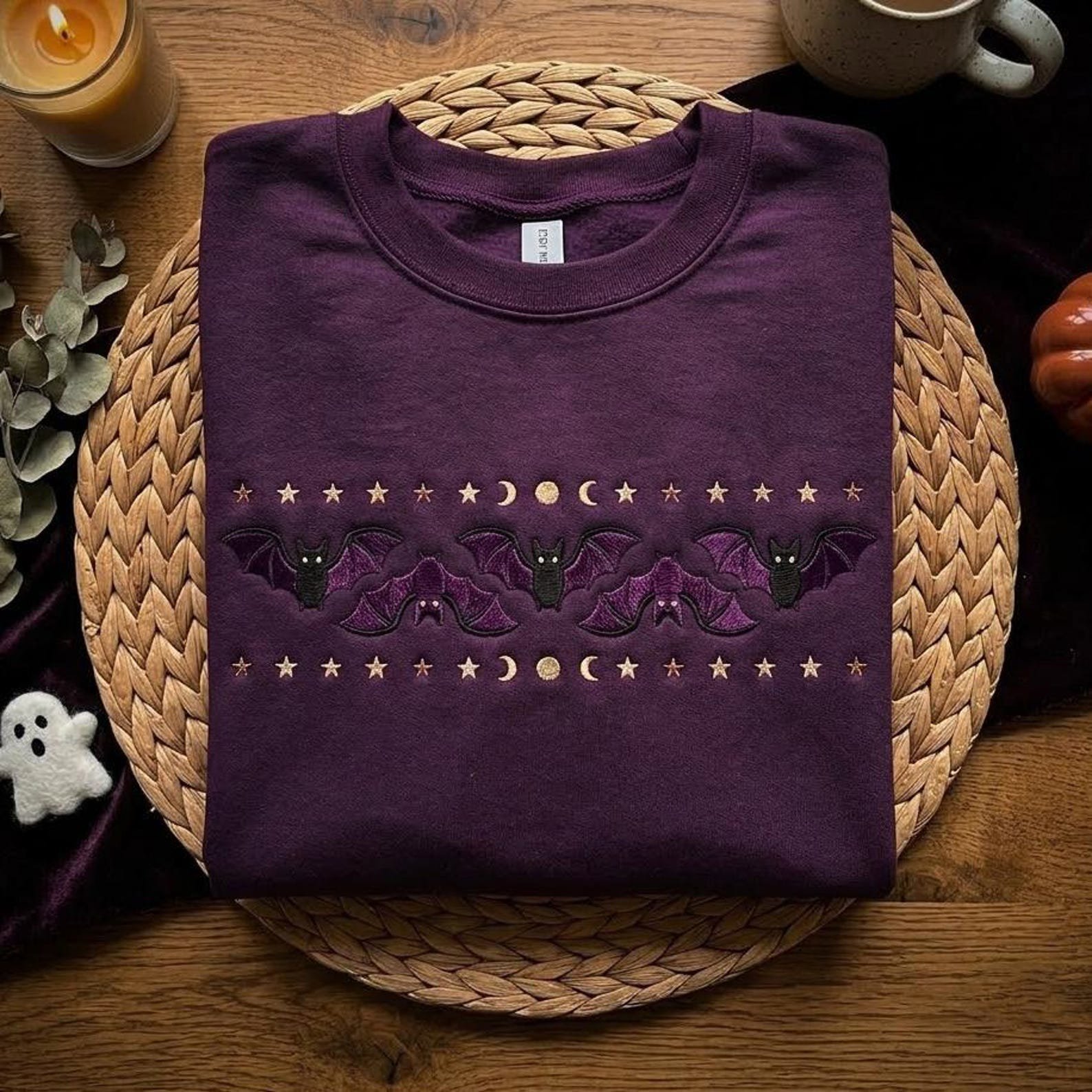 Gothic Bat Embroidered Crewneck, Halloween Moon And Stars Sweatshirt, Spooky Season Gift, Witchy Dark Academia Fall Shirt 1