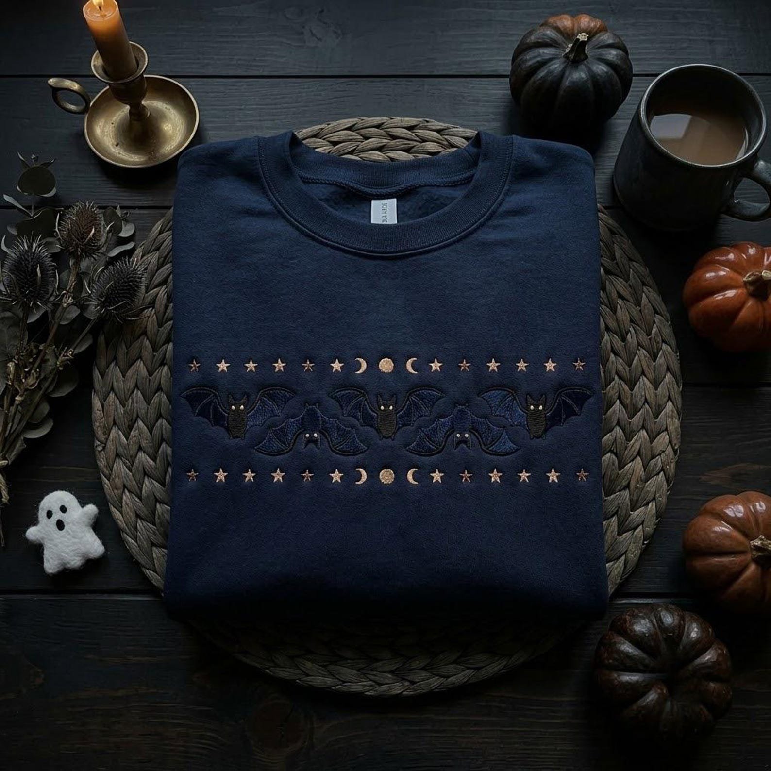 Gothic Bat Embroidered Crewneck, Halloween Moon And Stars Sweatshirt, Spooky Season Gift, Witchy Dark Academia Fall Shirt 2