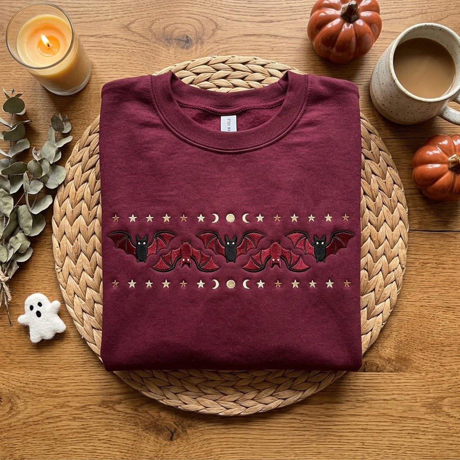Gothic Bat Embroidered Crewneck, Halloween Moon And Stars Sweatshirt, Spooky Season Gift, Witchy Dark Academia Fall Shirt 3