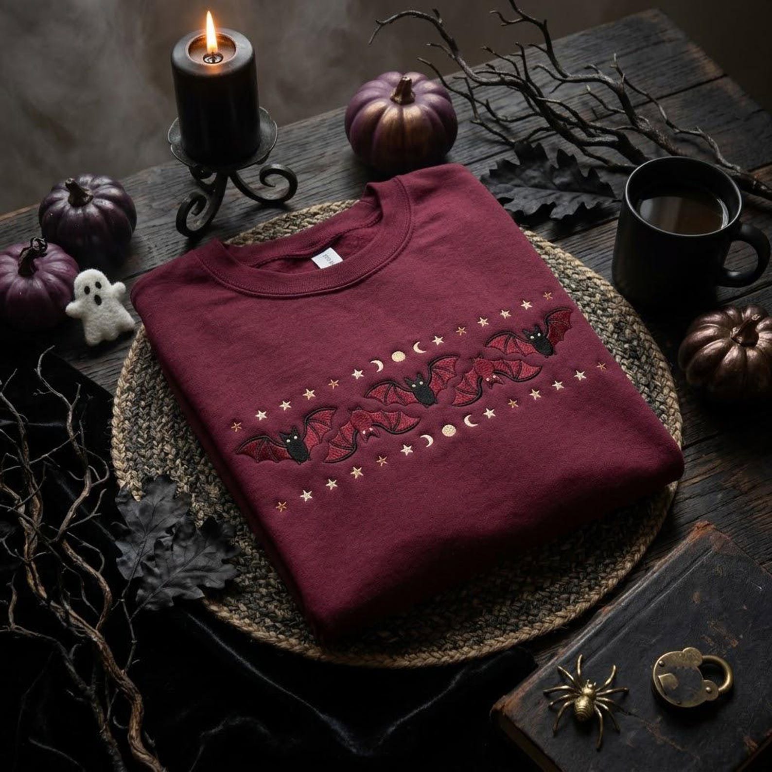 Gothic Bat Embroidered Crewneck, Halloween Moon And Stars Sweatshirt, Spooky Season Gift, Witchy Dark Academia Fall Shirt 5
