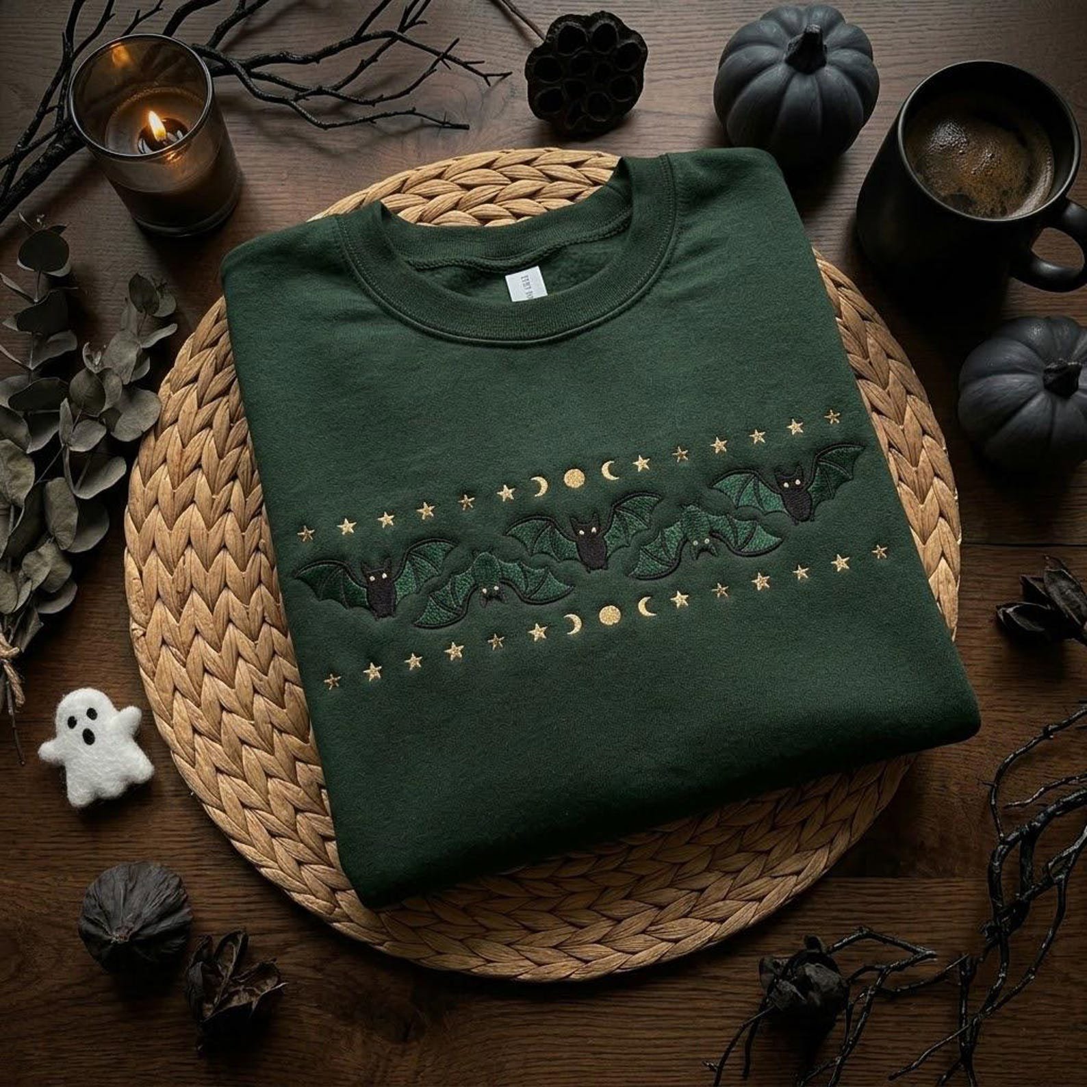 Gothic Bat Embroidered Crewneck, Halloween Moon And Stars Sweatshirt, Spooky Season Gift, Witchy Dark Academia Fall Shirt 4