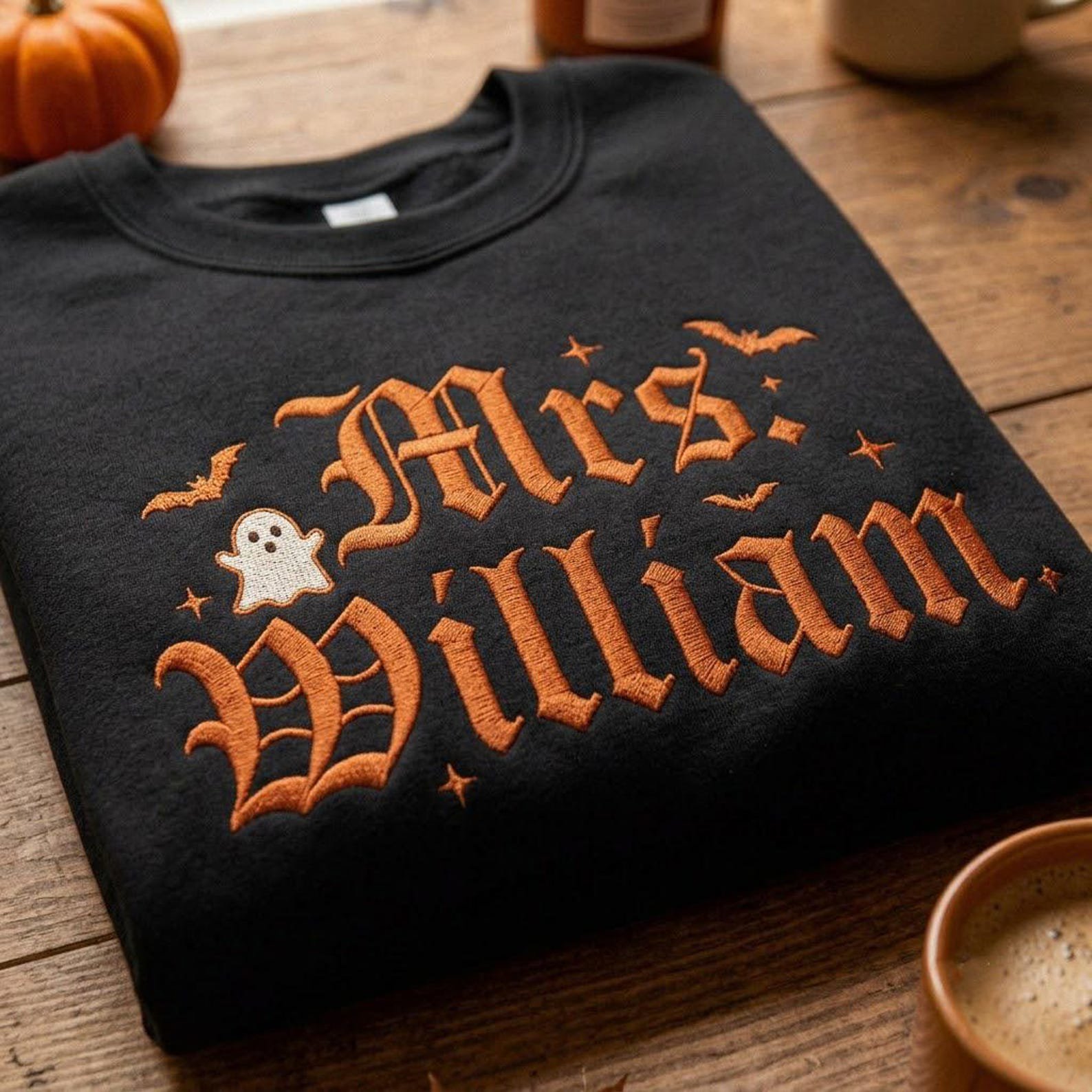 Mrs. William Embroidered Crewneck Sweatshirt, Personalized Halloween Wife Pullover, Gothic Ghost Bat Autumn Gift for a Newlywed Bride 1