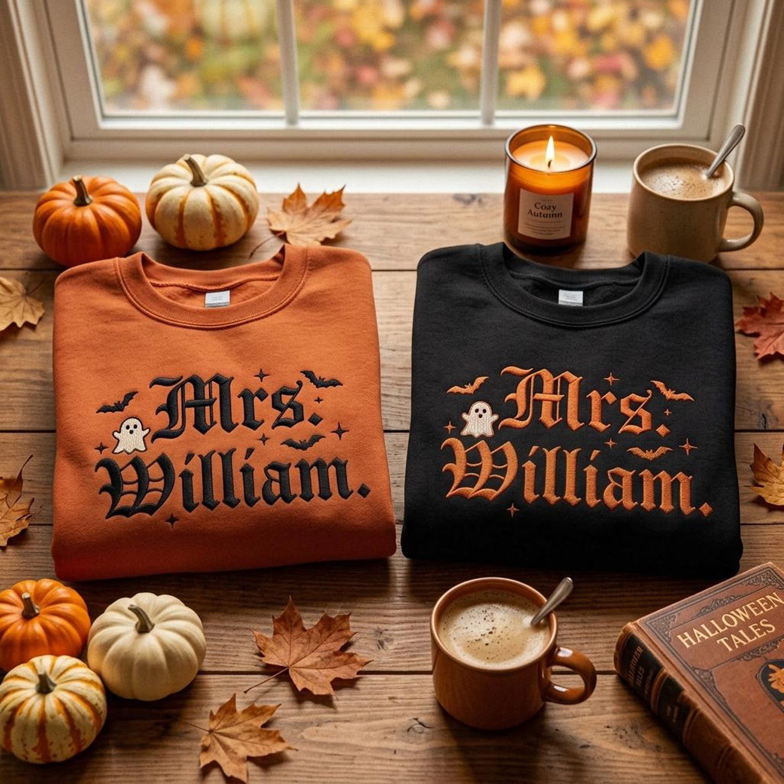 Mrs. William Embroidered Crewneck Sweatshirt, Personalized Halloween Wife Pullover, Gothic Ghost Bat Autumn Gift for a Newlywed Bride 2