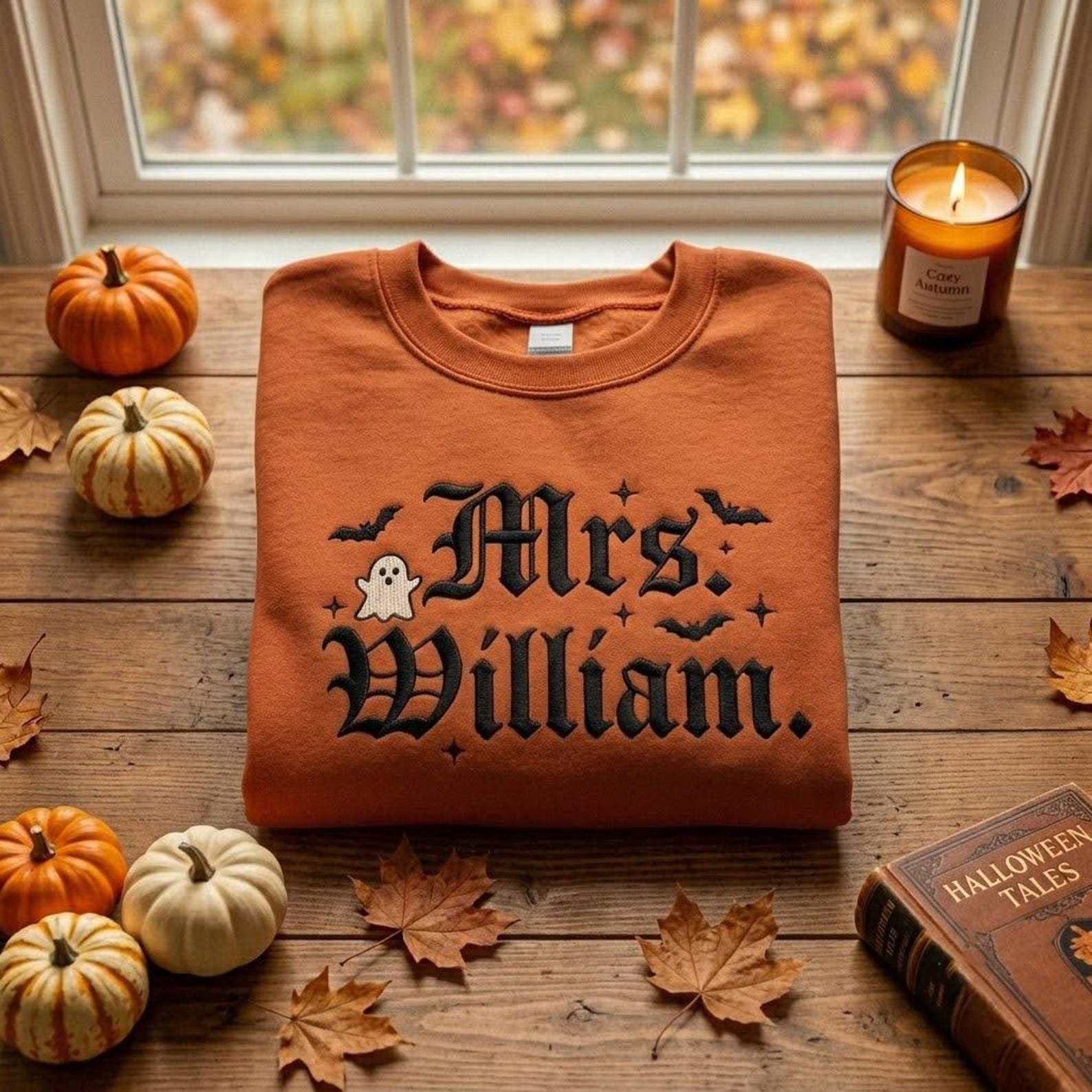 Mrs. William Embroidered Crewneck Sweatshirt, Personalized Halloween Wife Pullover, Gothic Ghost Bat Autumn Gift for a Newlywed Bride 3