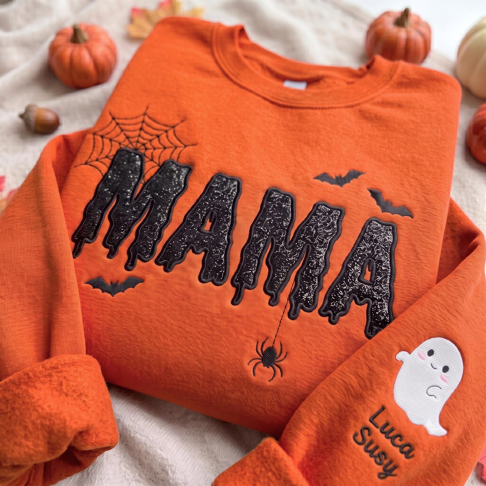 Halloween Mama Black Glitter Applique Embroidered Sweatshirt, Spooky Season Applique Mama Shirt, Custom Name Ghost Gift Shirt 1