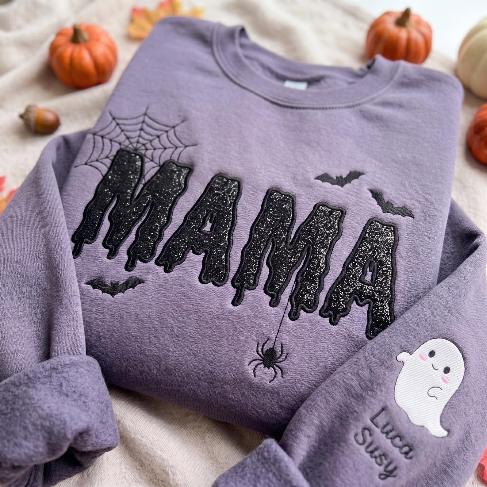Halloween Mama Black Glitter Applique Embroidered Sweatshirt, Spooky Season Applique Mama Shirt, Custom Name Ghost Gift Shirt 3